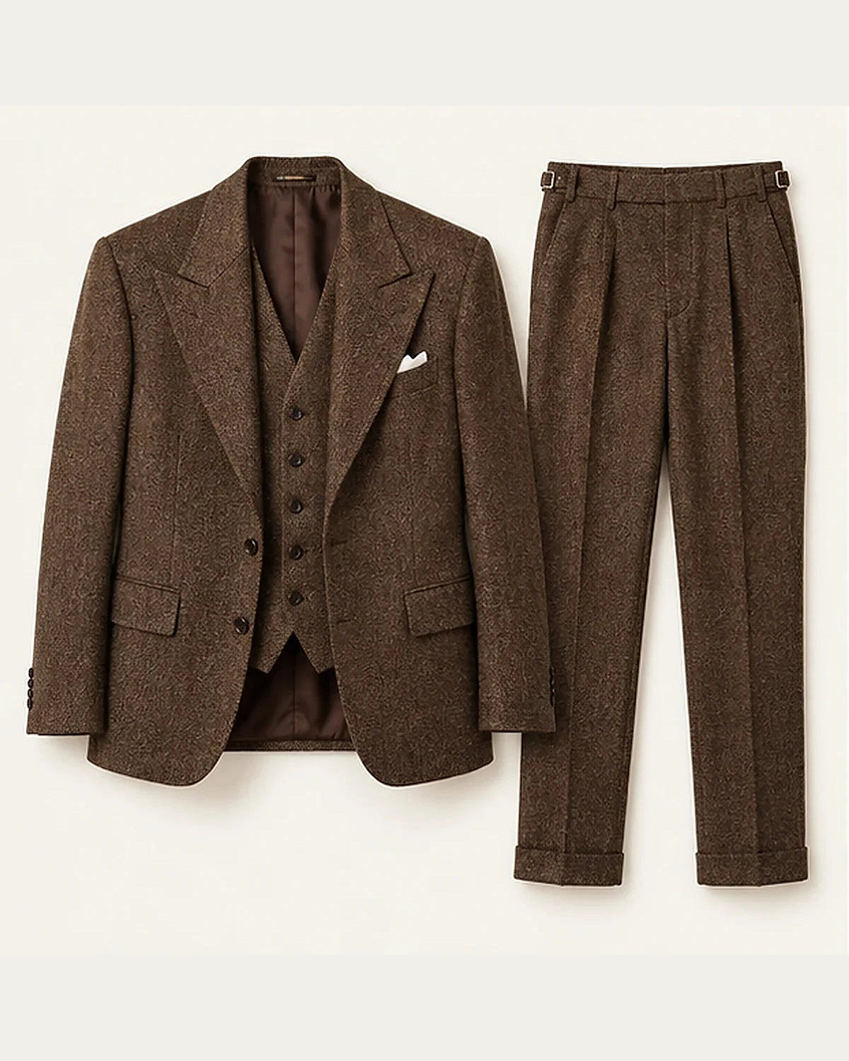 DFCOLOR::Chocolate::product-front — Chocolate Herringbone Three-Piece Suit; original unmodified garment layout fitted to a complete 4:5 frame without trimming