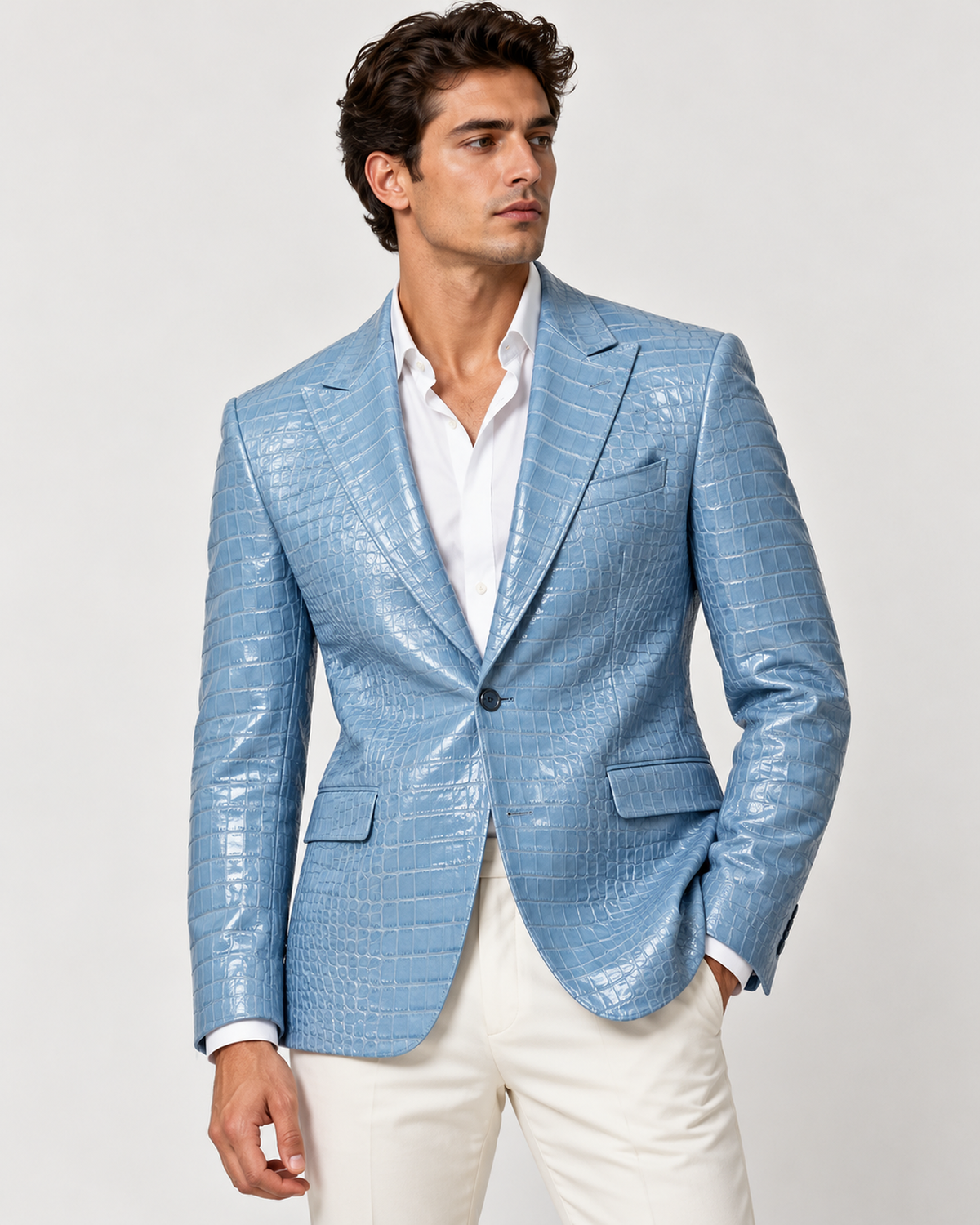 DFCOLOR::Sky Blue::onbody — Crocodile-Embossed PU Blazer, single-breasted one-button structure, high-resolution studio view