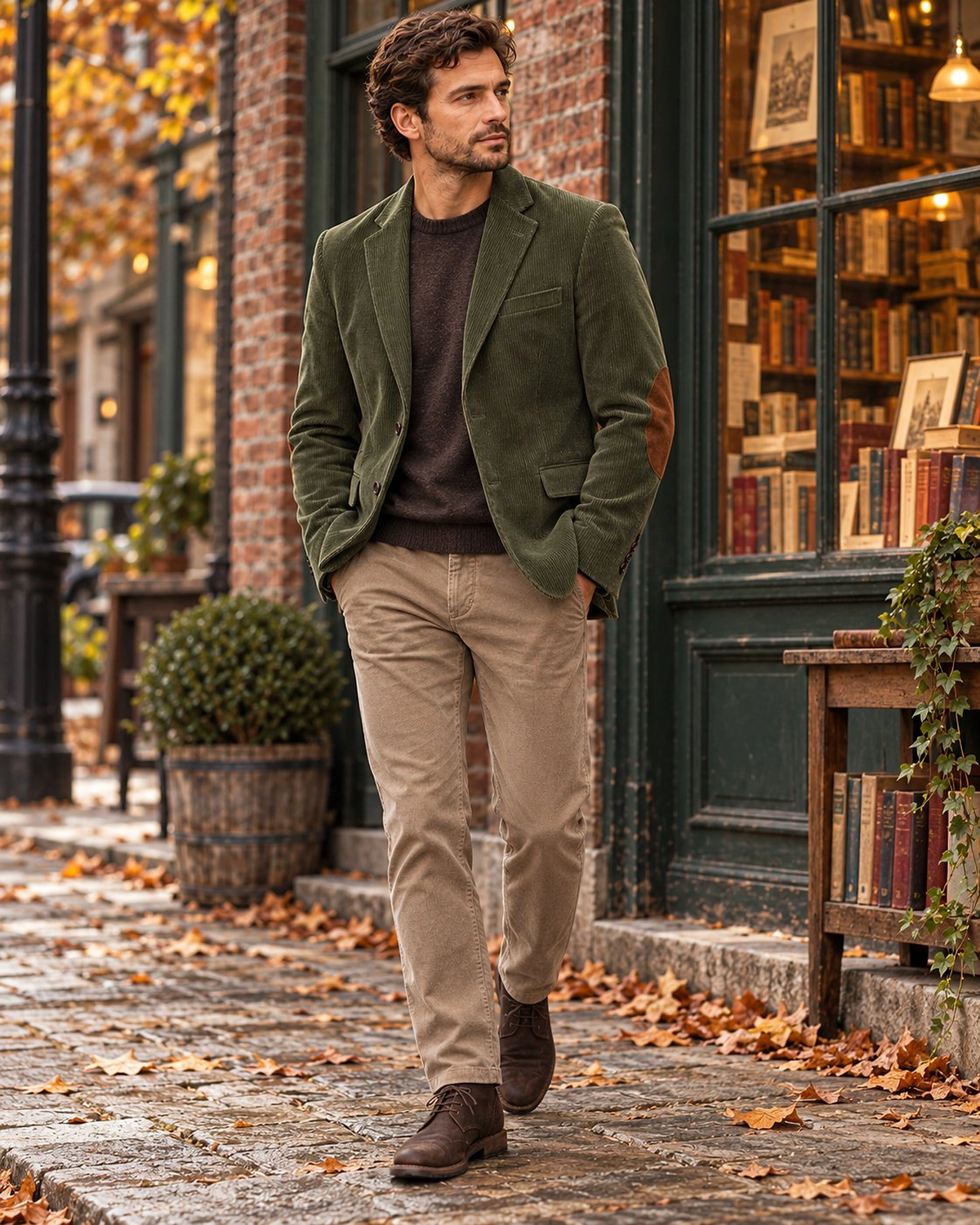 DFCOLOR::Olive::lifestyle — Fine-Wale Corduroy Elbow-Patch Sport Coat, original olive bookshop lifestyle