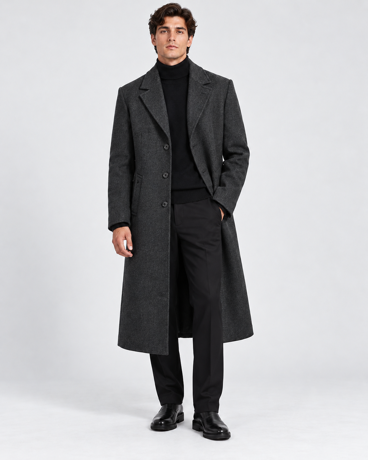 DFCOLOR::Dark Charcoal::onbody-studio — Long Tailored Overcoat, Dark Charcoal full-length model studio view, corrected three-button single-breasted front
