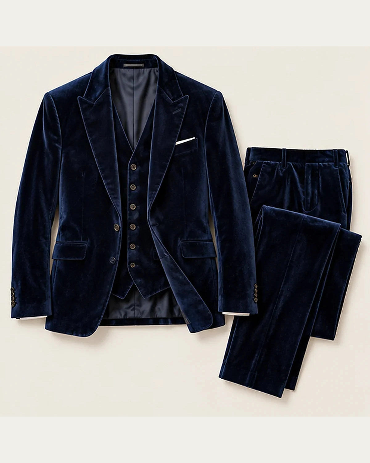 DFCOLOR::Navy::product-front — Deep Navy Velvet Three-Piece Suit; original unmodified garment layout fitted to a complete 4:5 frame without trimming