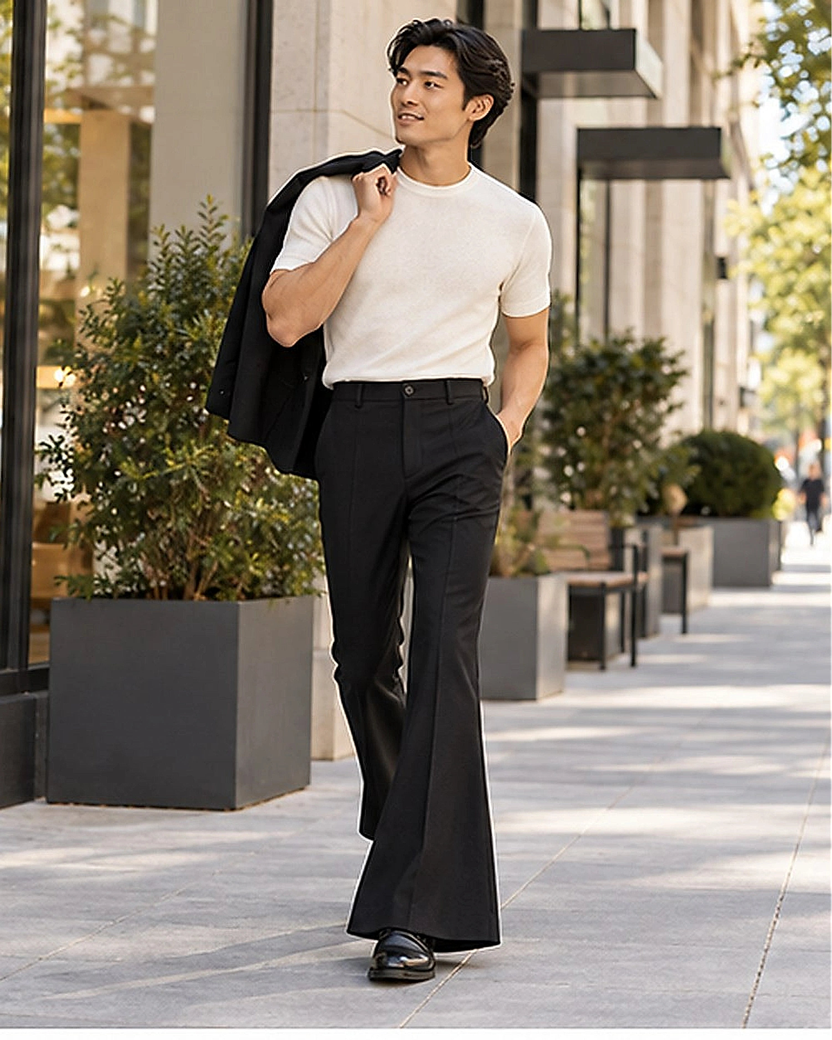 DFCOLOR::Black::lifestyle-city — Retro 70s Bell-Bottom Flare Pants; original Black source photo with sharpened output 2400x3000