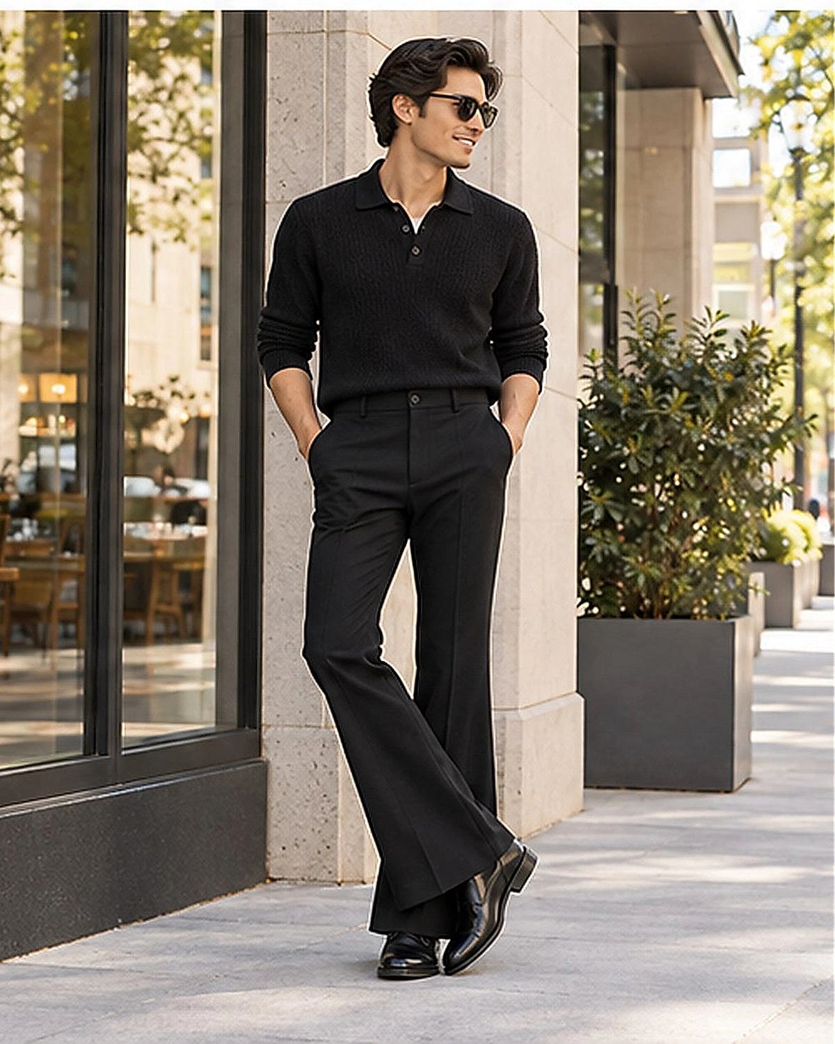 DFCOLOR::Black::lifestyle-street — Retro 70s Bell-Bottom Flare Pants; original Black source photo with sharpened output 2400x3000