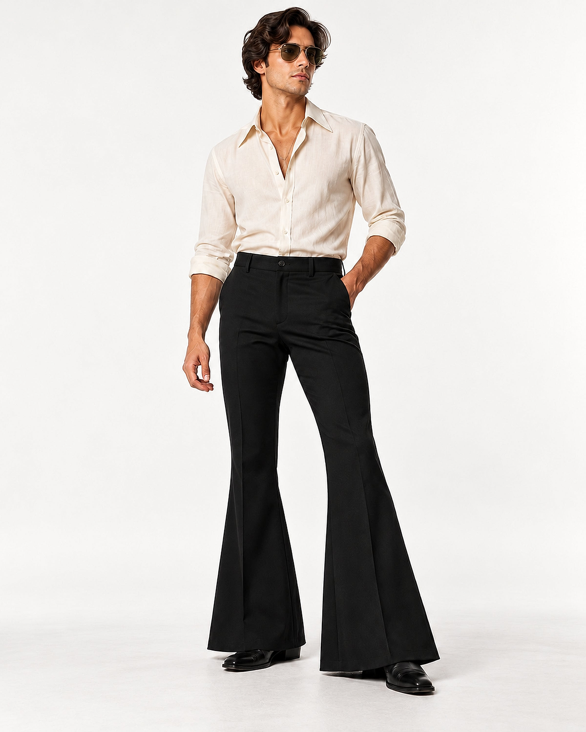 DFCOLOR::Black::onbody — Retro 70s Bell-Bottom Flare Pants; true Black source photograph, refined clarity and fit within 2400×3000 frame, original fashion styling preserved
