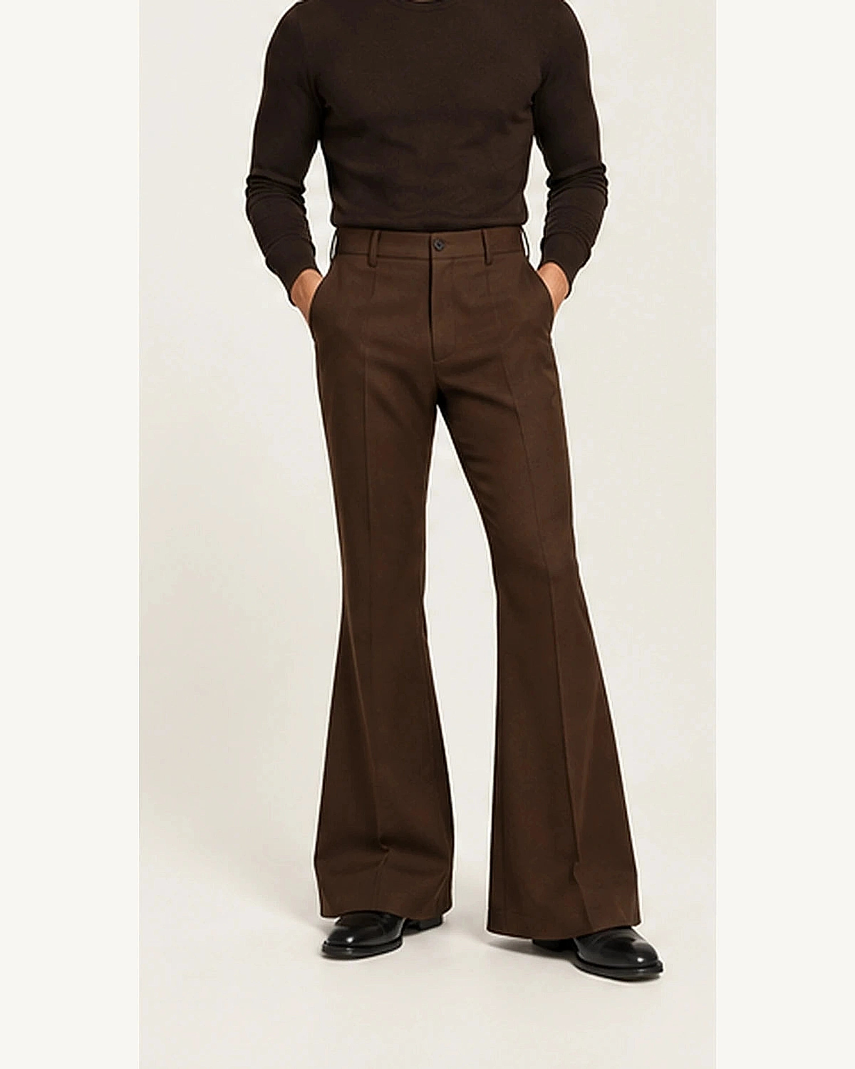DFCOLOR::Chocolate::onbody — Retro 70s Bell-Bottom Flare Pants; true Chocolate source photograph, refined clarity and fit within 2400×3000 frame, original fashion styling preserved