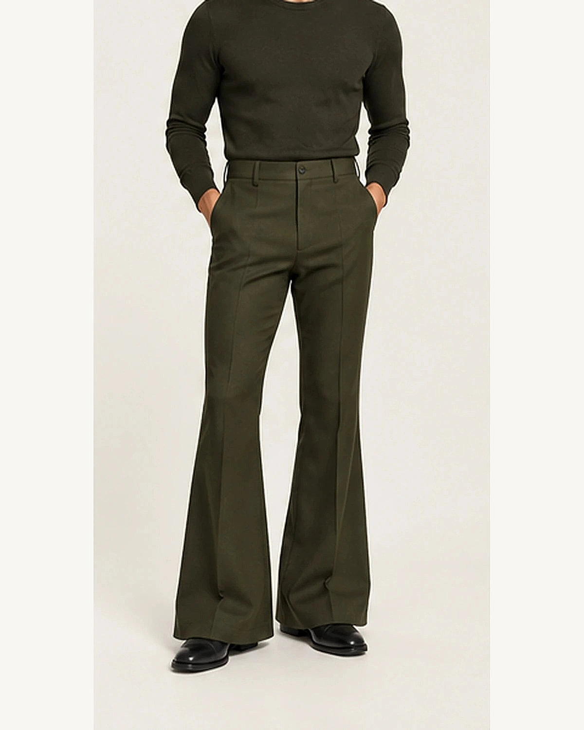 DFCOLOR::Olive::onbody — Retro 70s Bell-Bottom Flare Pants; true Olive source photograph, refined clarity and fit within 2400×3000 frame, original fashion styling preserved