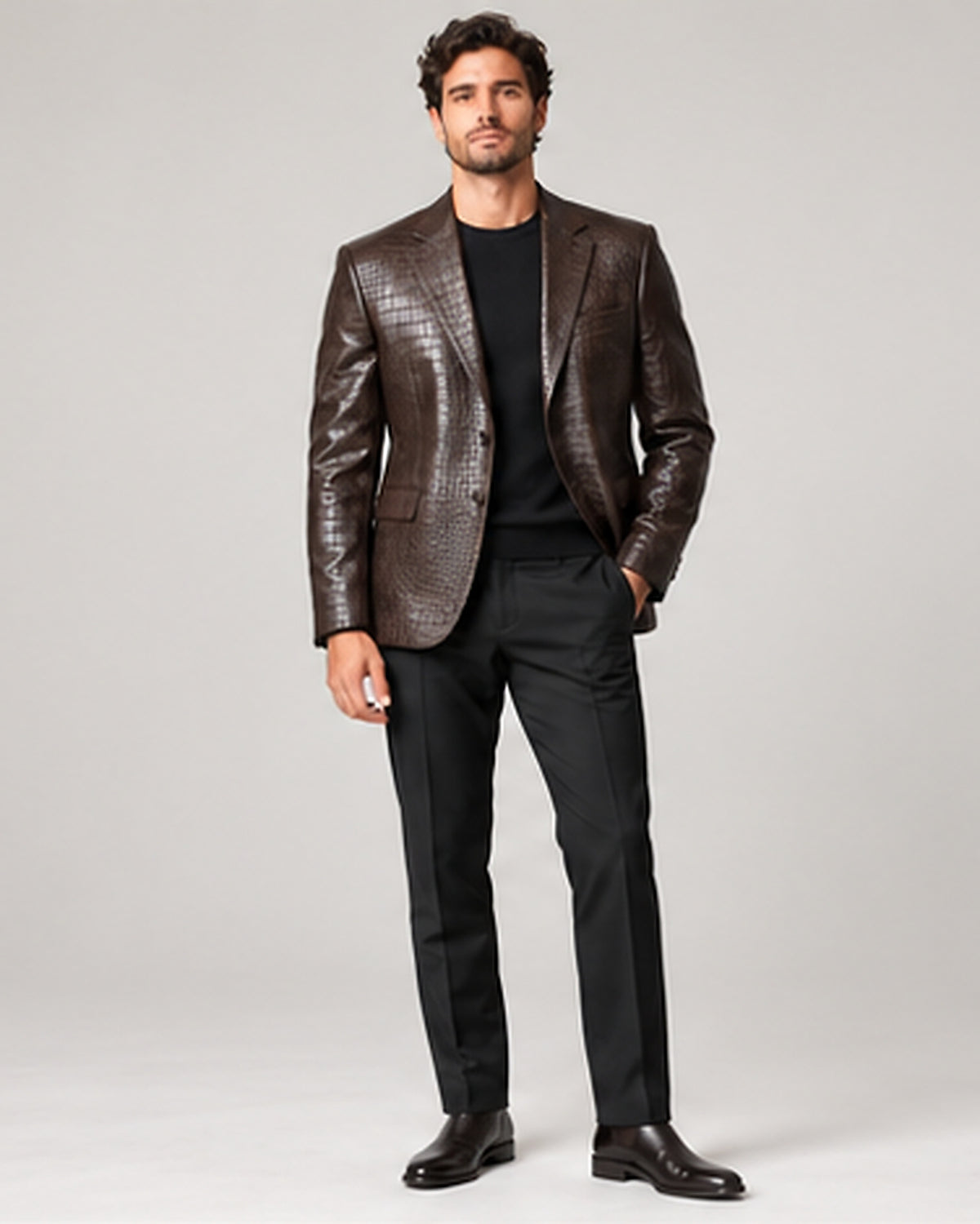 DFCOLOR::Dark Brown::Crocodile-Embossed PU Blazer — Product Card 4:5 HD on-body view
