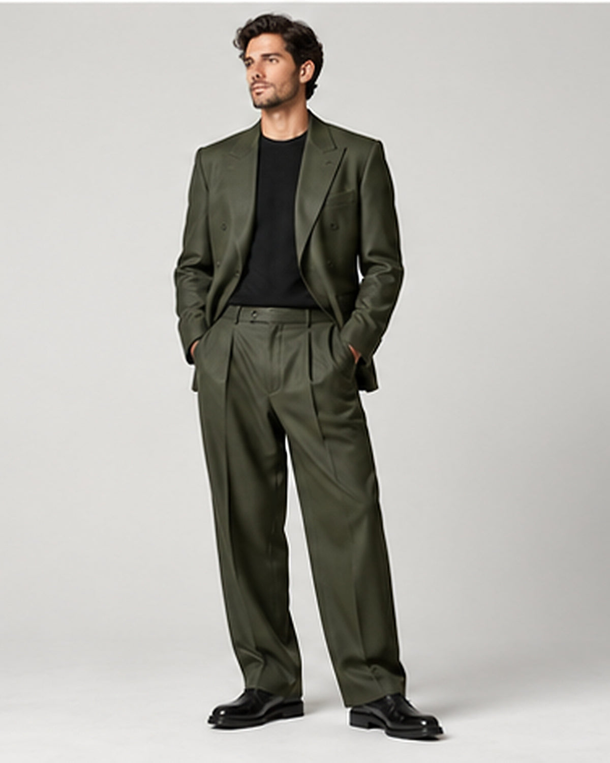 DFCOLOR::Olive::Dark Olive Unstructured Two-Piece Suit — Product Card 4:5 HD on-body view