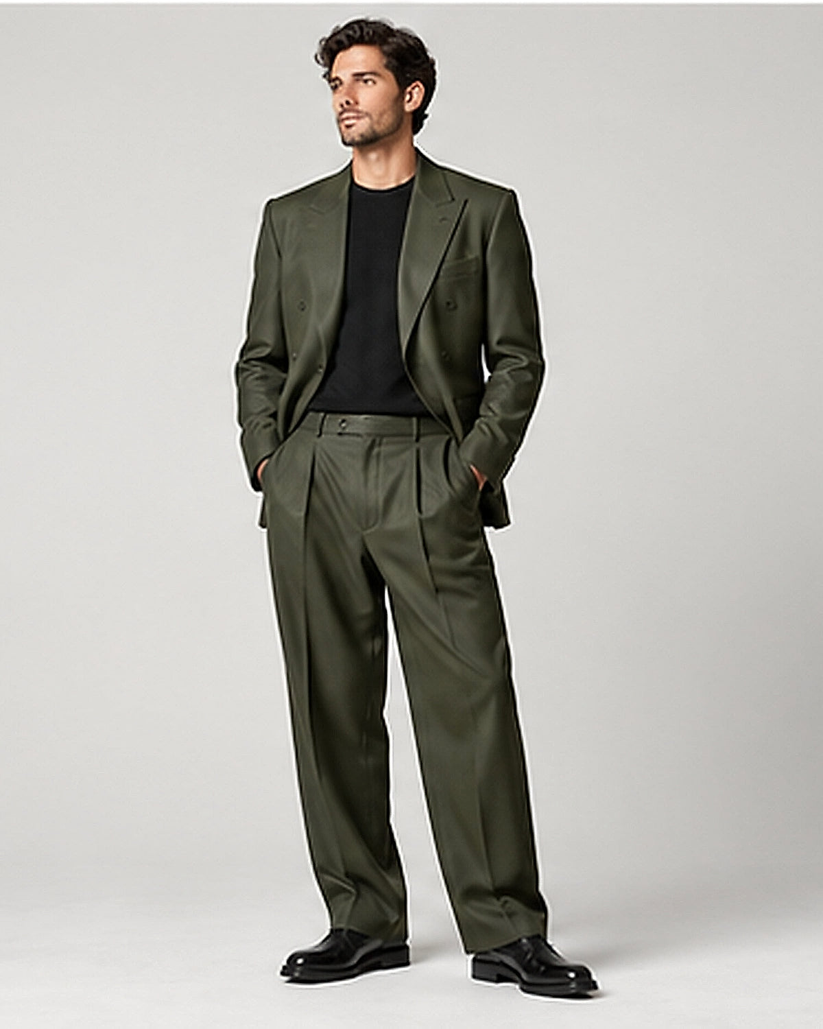 DFCOLOR::Olive::Dark Olive Unstructured Two-Piece Suit — Product Card 4:5 HD on-body view