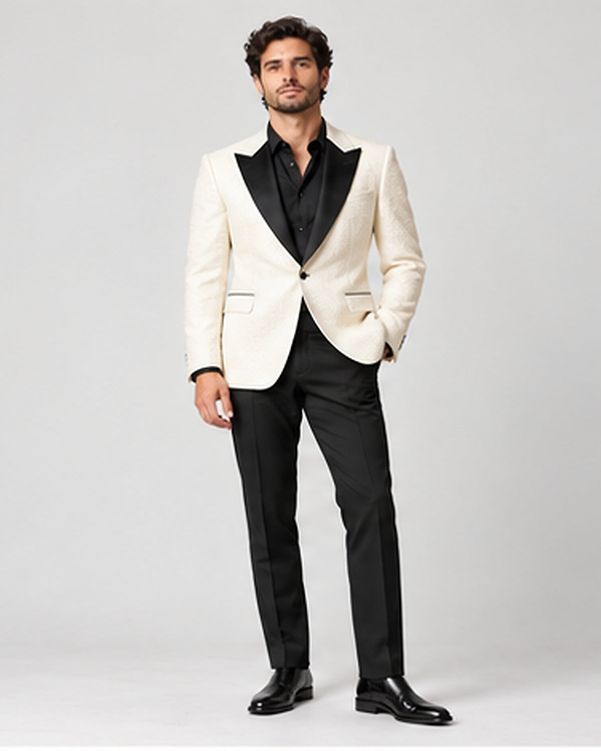 DFCOLOR::Ivory::Ivory Textured Peak-Lapel Dinner Jacket — Product Card 4:5 HD on-body view