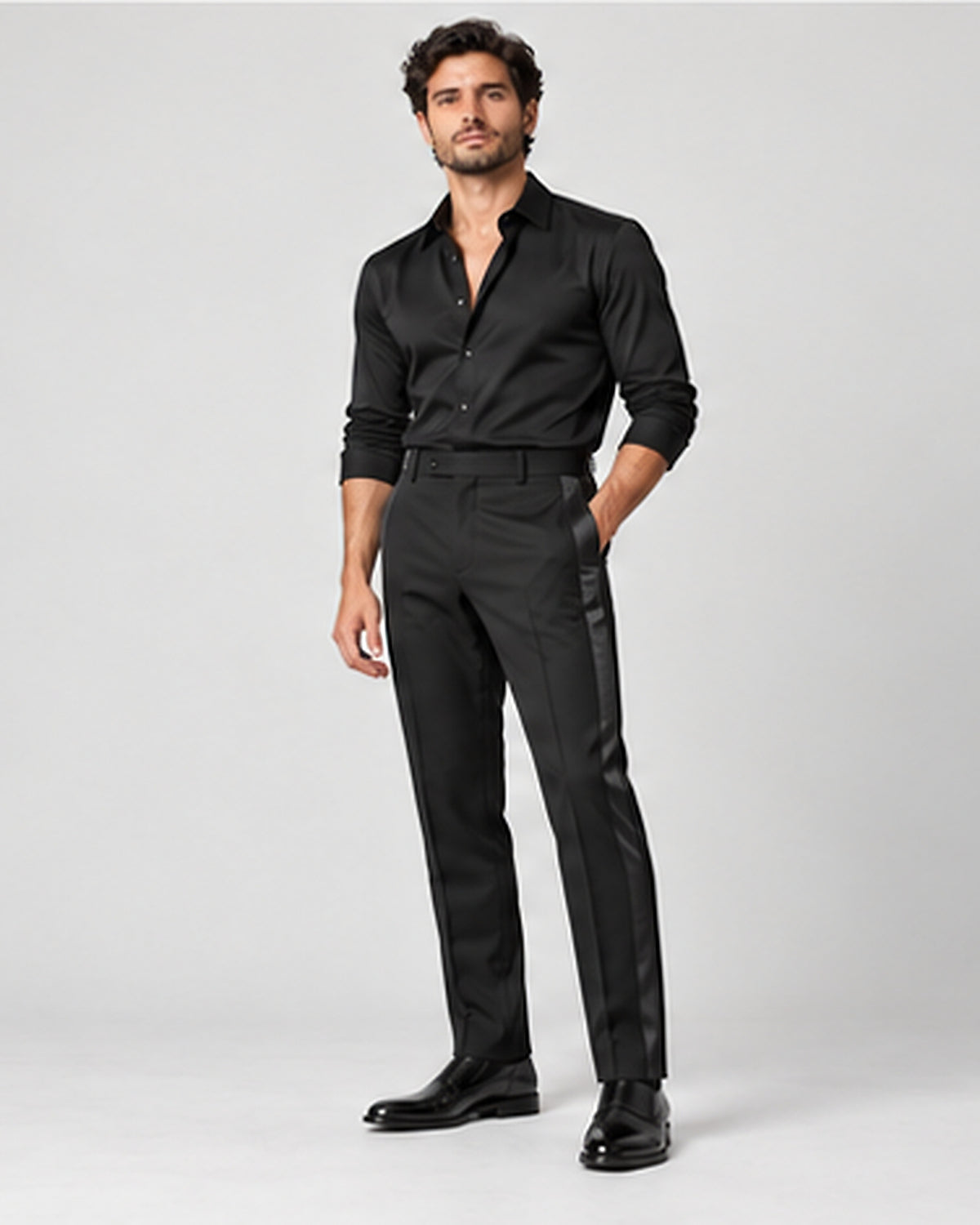 DFCOLOR::Black::Black Satin Side-Stripe Tailored Trousers — Product Card 4:5 HD on-body view