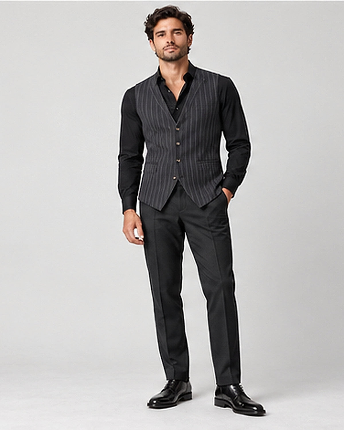 DFCOLOR::Charcoal::Charcoal Longline Pinstripe Waistcoat — Product Card 4:5 HD on-body view