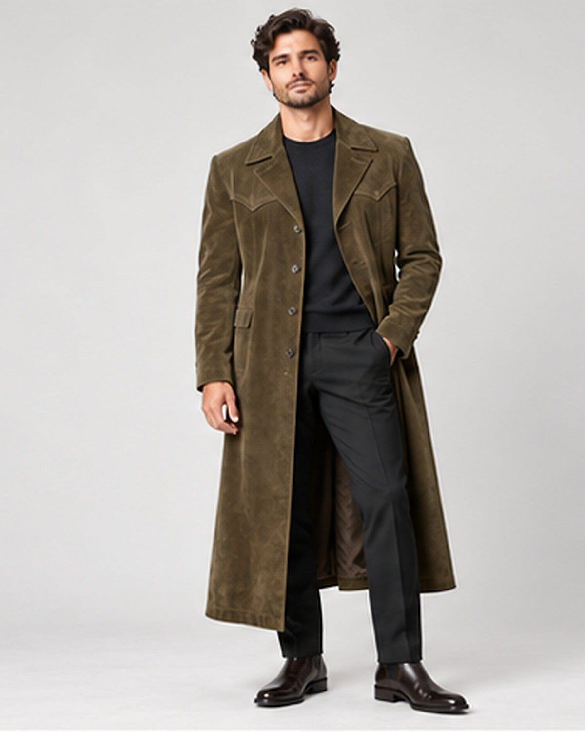 DFCOLOR::Olive::Faux Suede Long Western Duster Coat — Product Card 4:5 HD on-body view