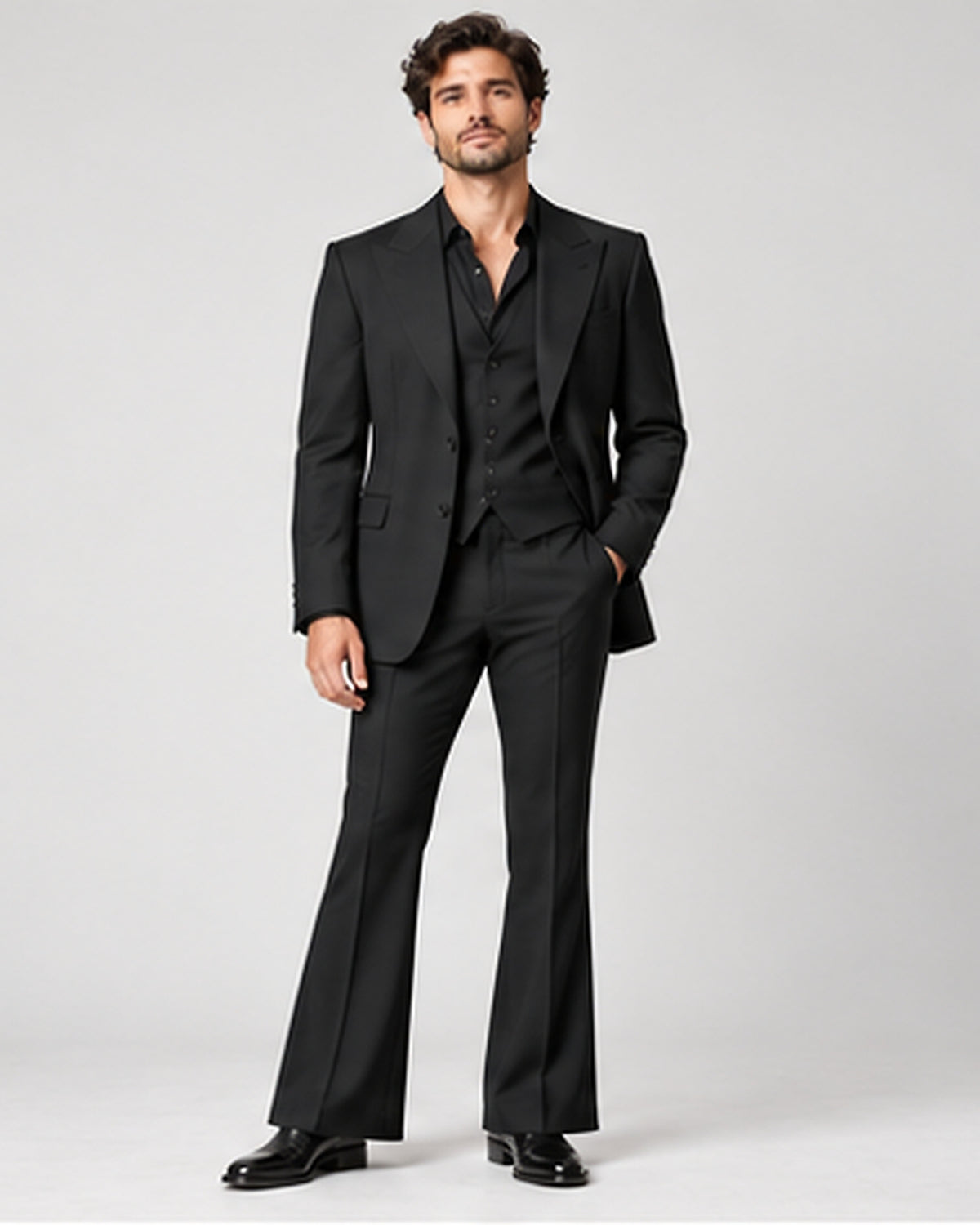 DFCOLOR::Black::Retro 70s Three-Piece Flare Suit — Product Card 4:5 HD on-body view