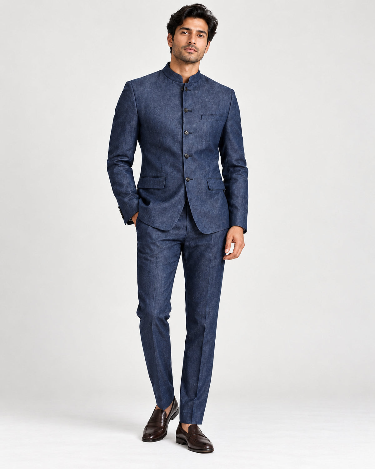 DFCOLOR::Indigo::onbody-single-model — Denim-Look Mandarin Collar Suit Set; complete full-body hero 2400x3000