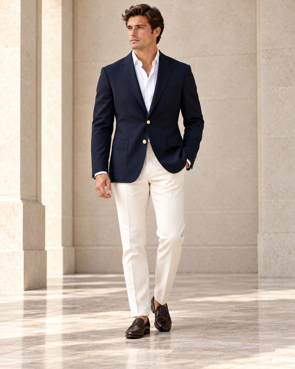 DFCOLOR::Navy::onbody-single-model — Navy Serge Blazer with Gold Buttons; complete full-body hero 2400x3000