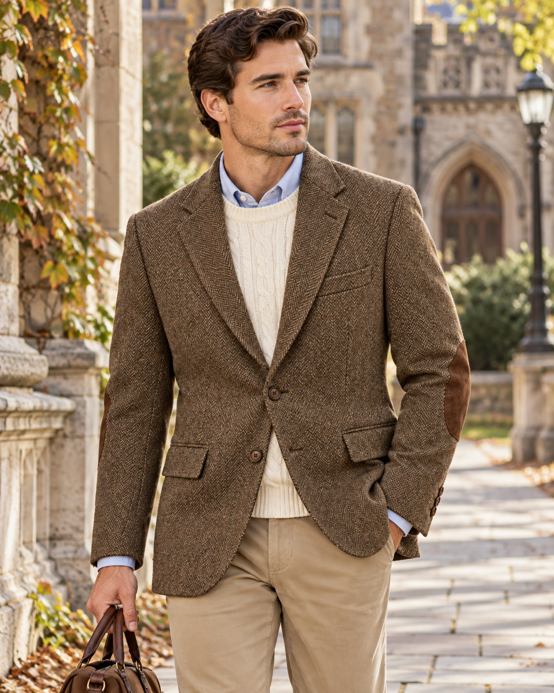 DFCOLOR::Brown::lifestyle-campus — Textured Elbow-Patch Heritage Blazer, Brown lifestyle campus; styling visualization