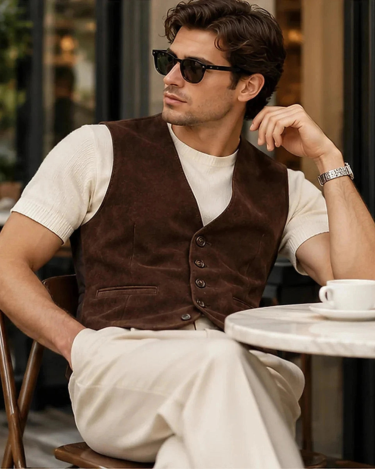 DFCOLOR::Chocolate::Chocolate Faux Suede Tailored Waistcoat contemporary lifestyle styling