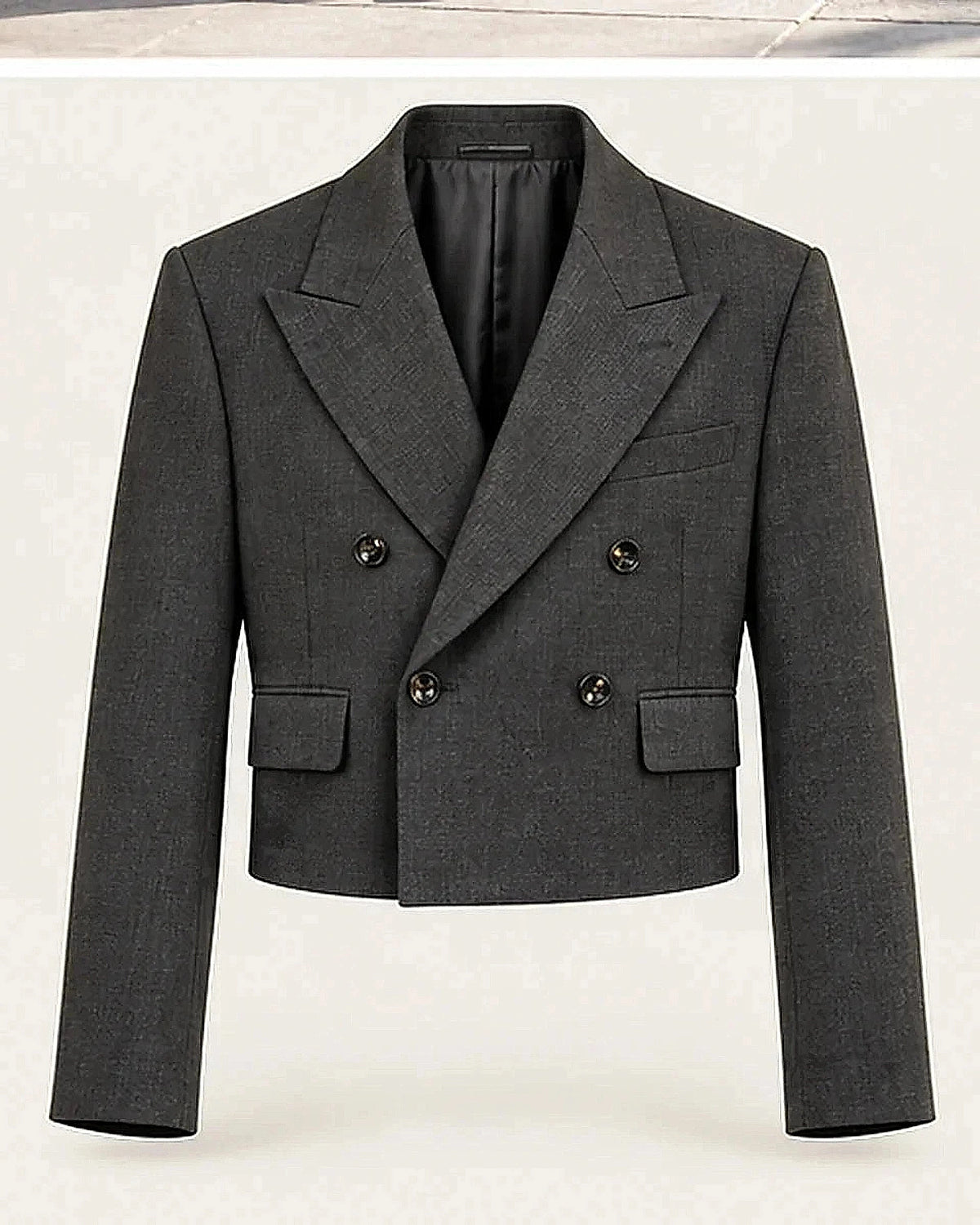DFCOLOR::Charcoal::Charcoal Cropped Double-Breasted Blazer clean product view