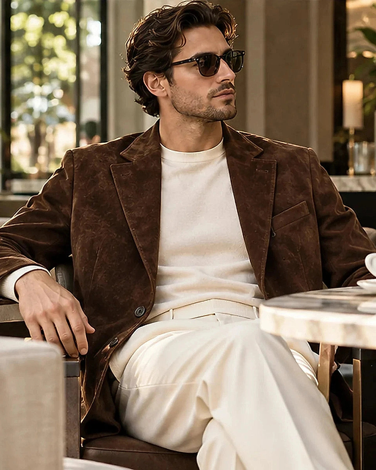 DFCOLOR::Espresso::Espresso suede blazer modern city lifestyle