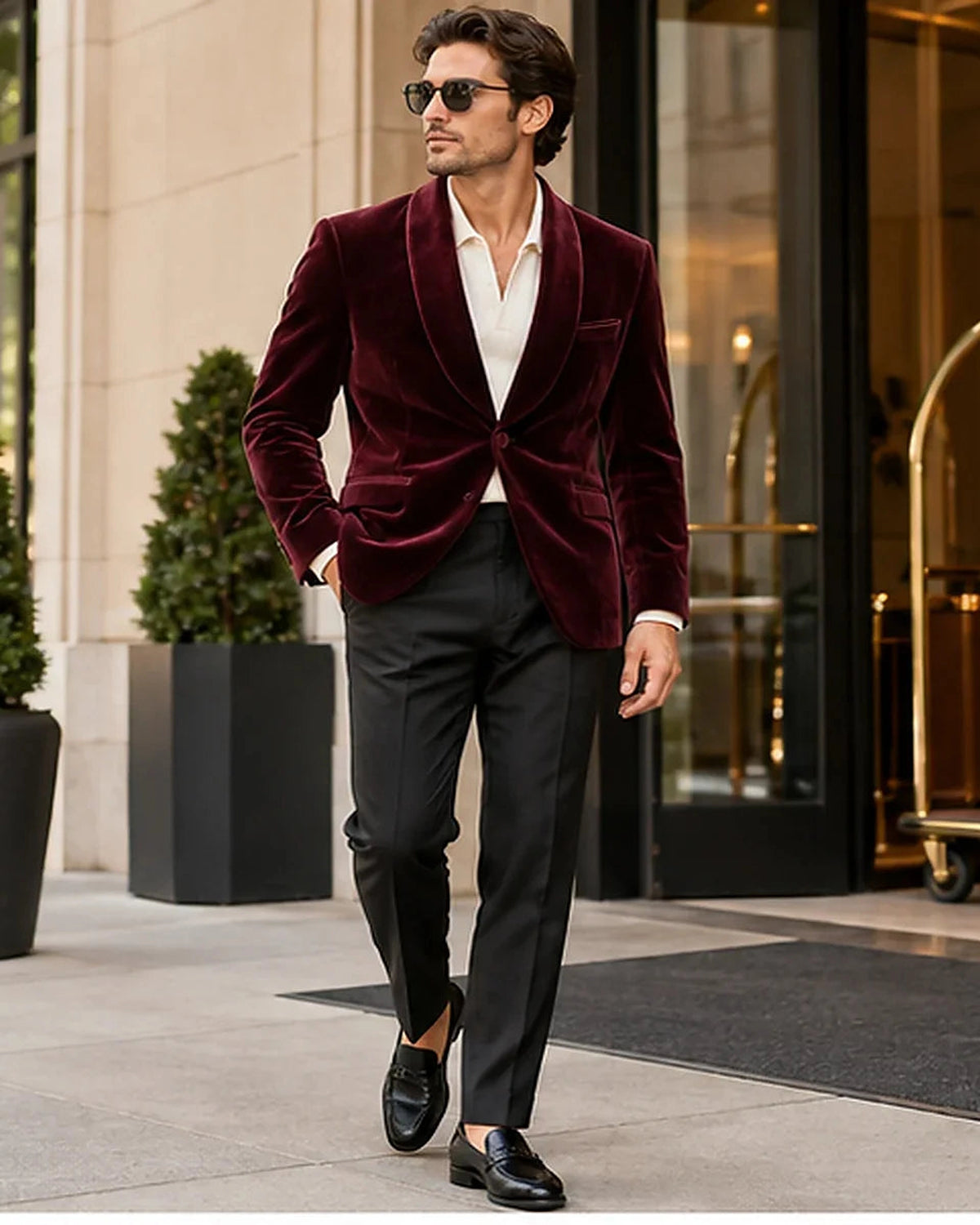 DFCOLOR::Burgundy::Burgundy Velvet Shawl-Collar Jacket on-body styling
