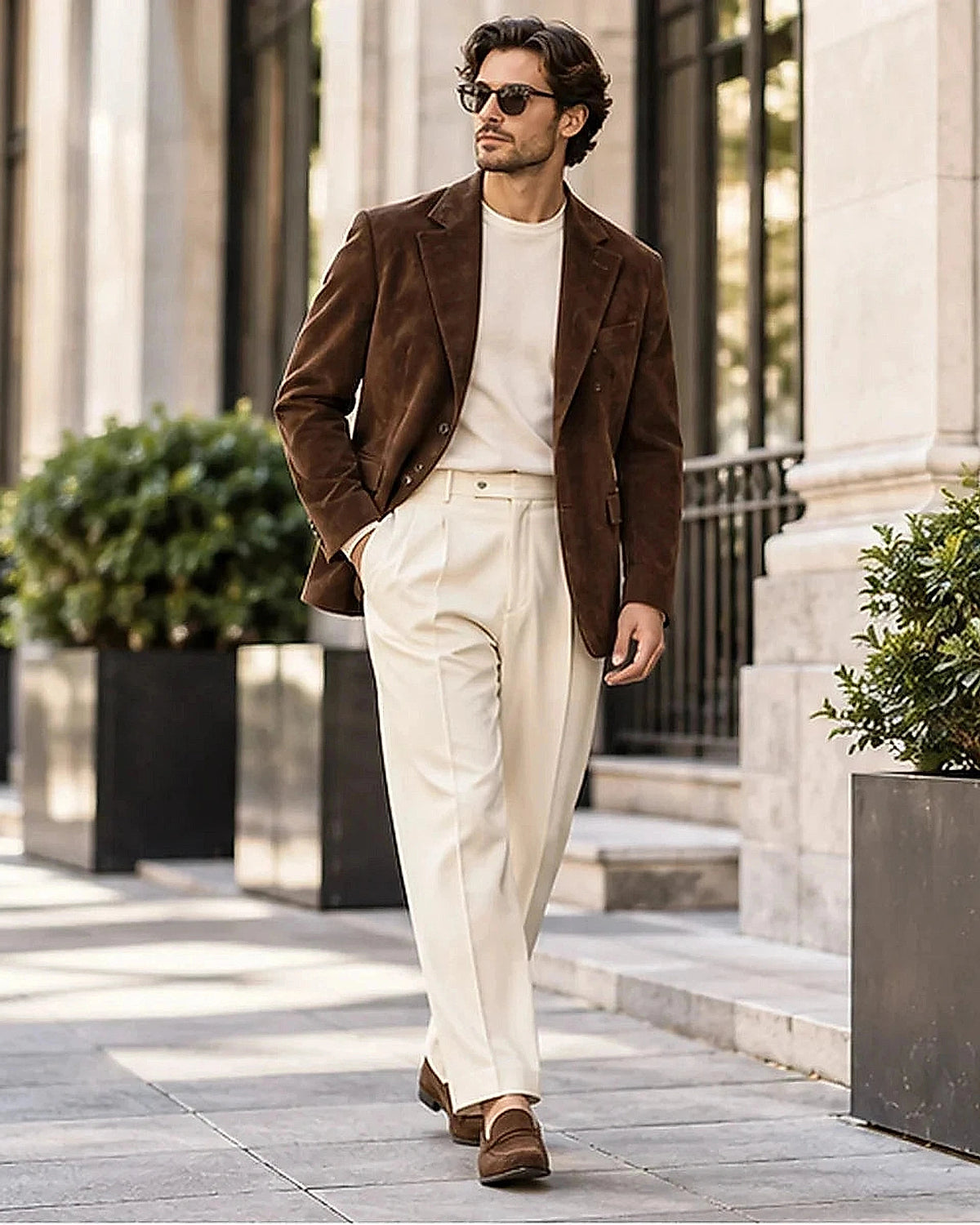 DFCOLOR::Espresso::Espresso faux-suede relaxed blazer on model