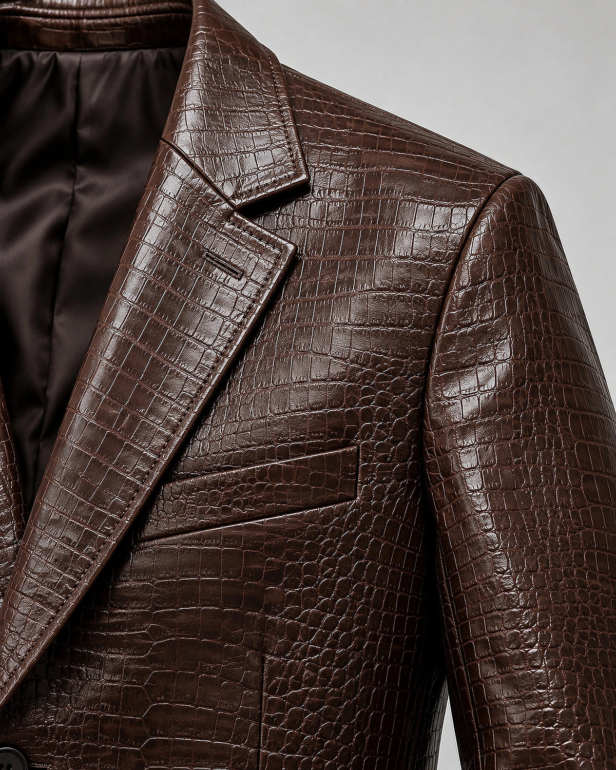 DFCOLOR::Dark Brown::Crocodile-Embossed PU Blazer — Dark Brown — crocodile-embossed PU lapel and pocket detail