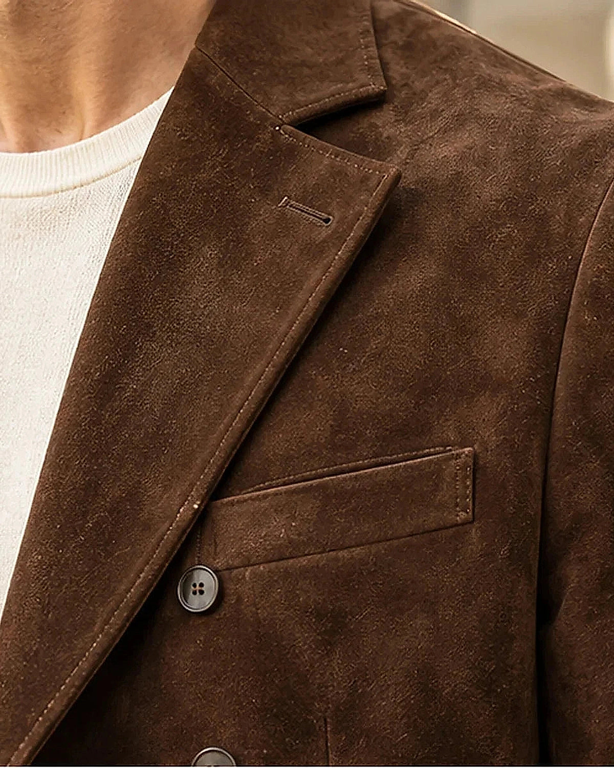 DFCOLOR::Espresso::Espresso suede blazer fabric and lapel detail