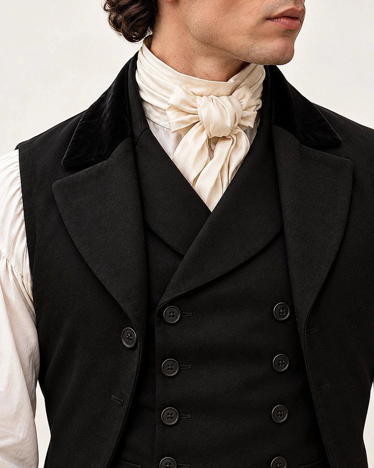 DFCOLOR::Black::Men's Regency tailcoat set — cravat, lapel, waistcoat and button detail
