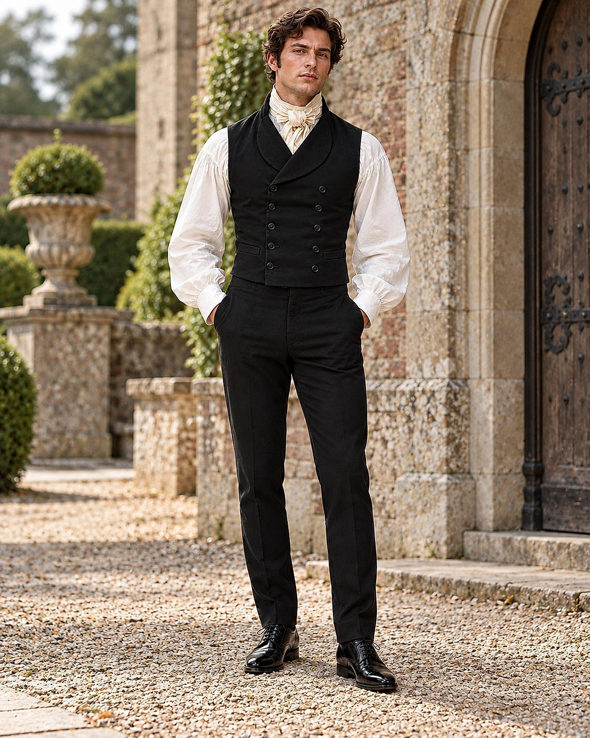 DFCOLOR::Black::Double-breasted Regency waistcoat — full-length heritage outdoor styling