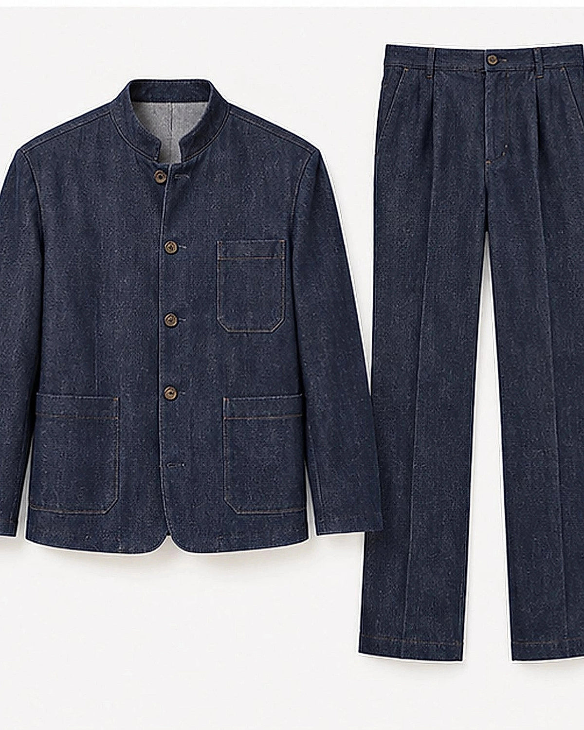 DFCOLOR::Indigo::Indigo denim-look Mandarin two-piece suit clean product view