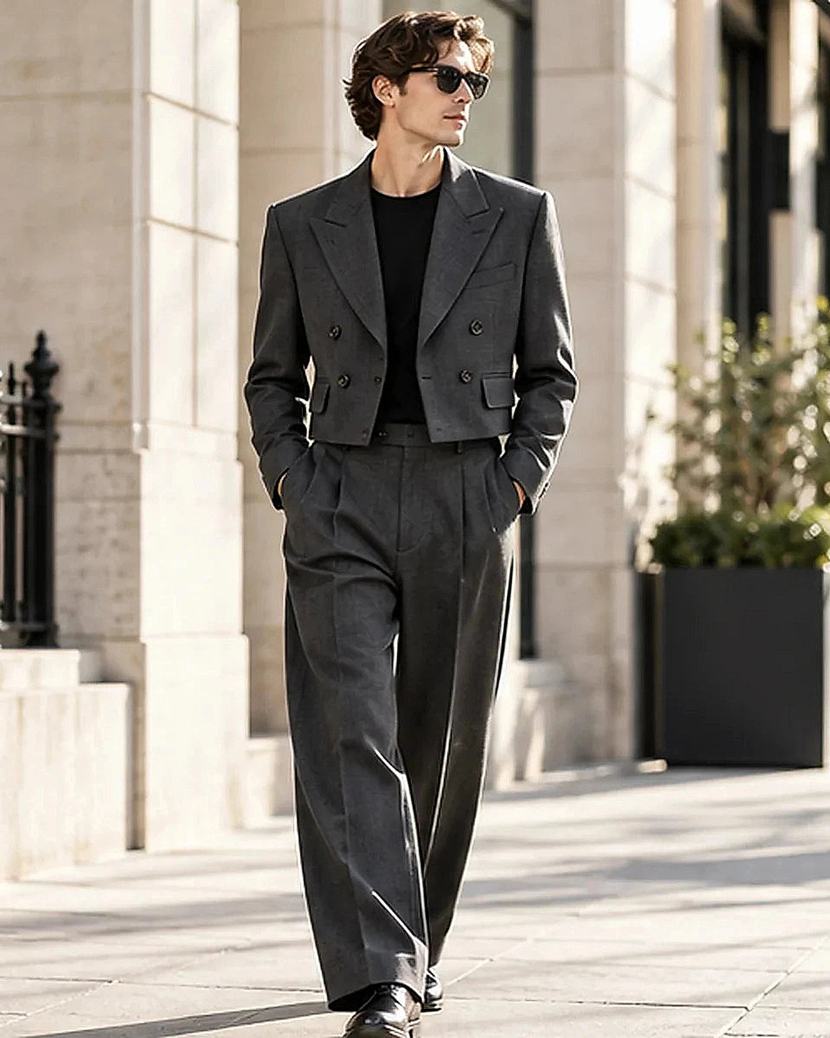 DFCOLOR::Charcoal::Charcoal Cropped Double-Breasted Blazer on-body styling
