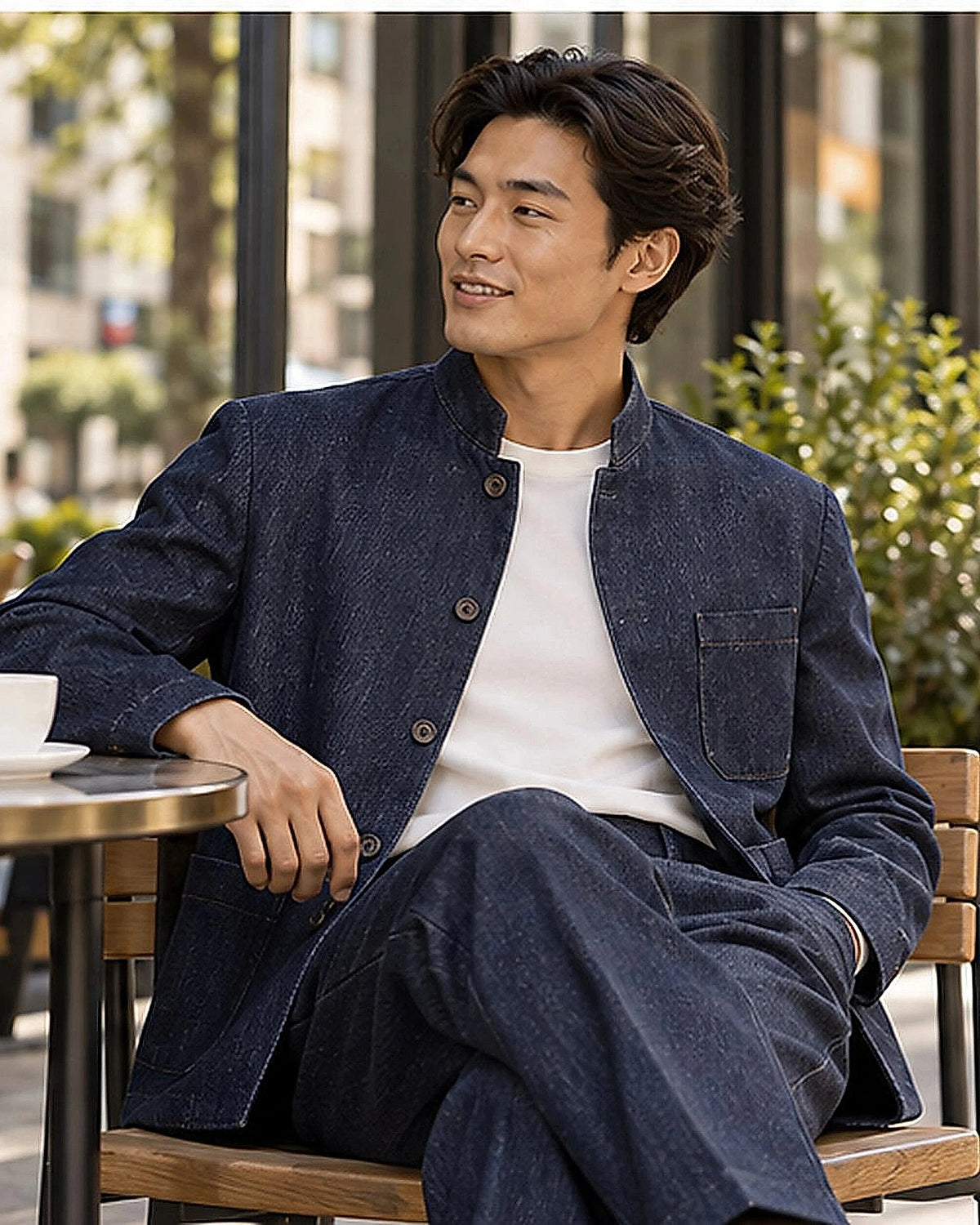 DFCOLOR::Indigo::Indigo denim-look Mandarin suit modern cafe lifestyle