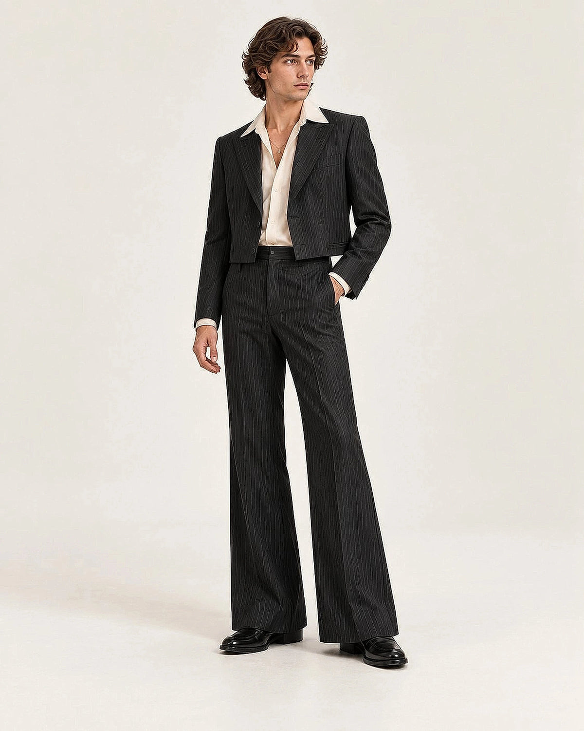 DFCOLOR::Black::Men's cropped pinstripe wide-leg two-piece suit — full front studio view