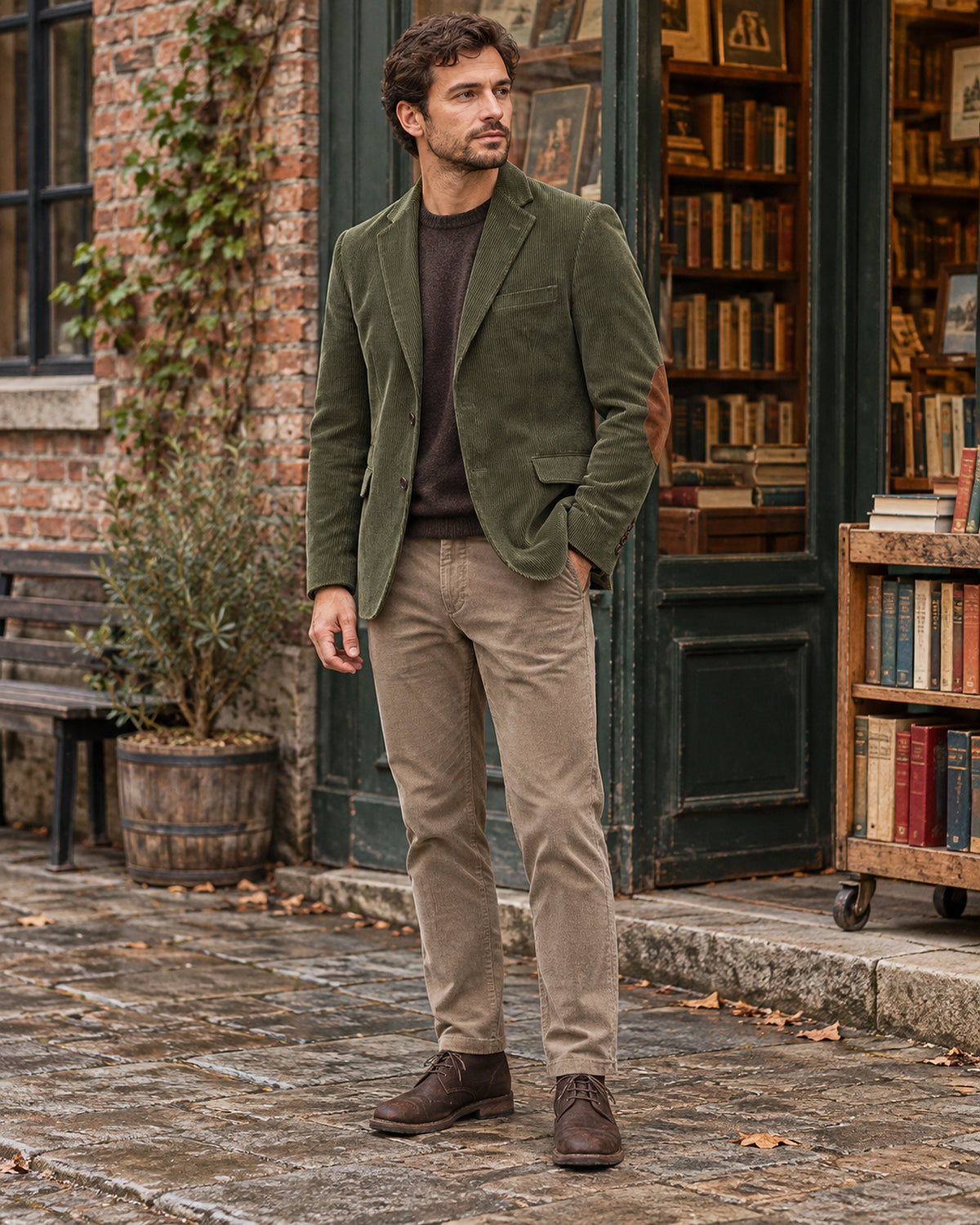 DFCOLOR::Olive::onbody-bookshop — Heritage Corduroy Elbow-Patch Blazer, original olive corduroy blazer styled on street, same brown elbow patches