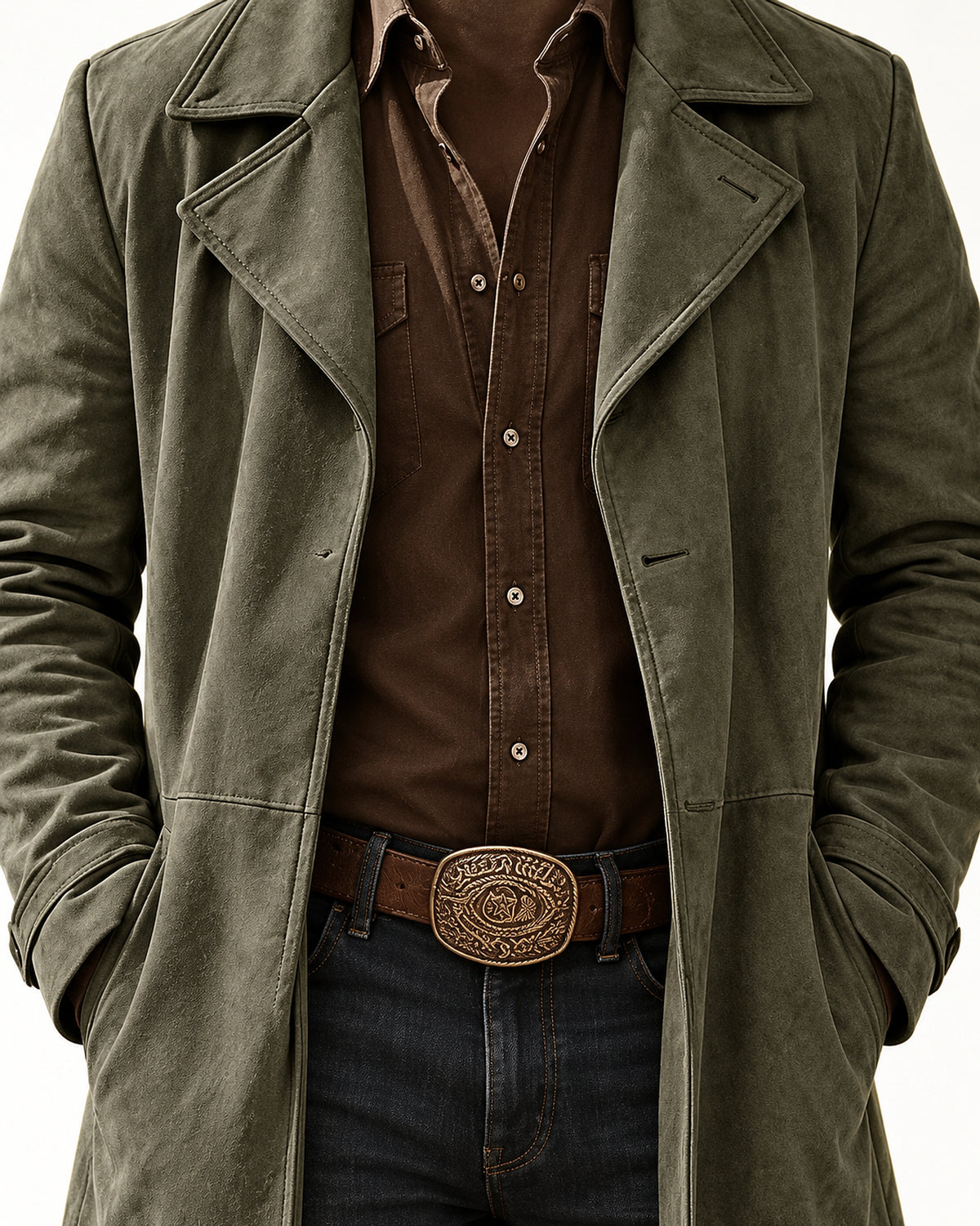 DFCOLOR::Olive::Faux suede long Western duster coat — lapel, texture and front detail