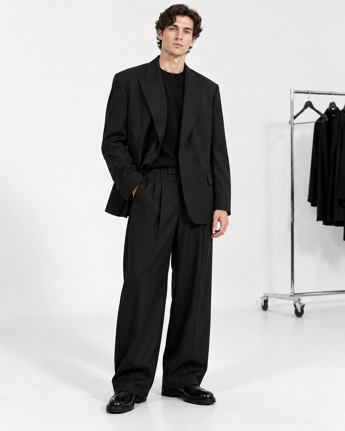 DFCOLOR::Black::Black oversized wide-leg two-piece suit — front studio view