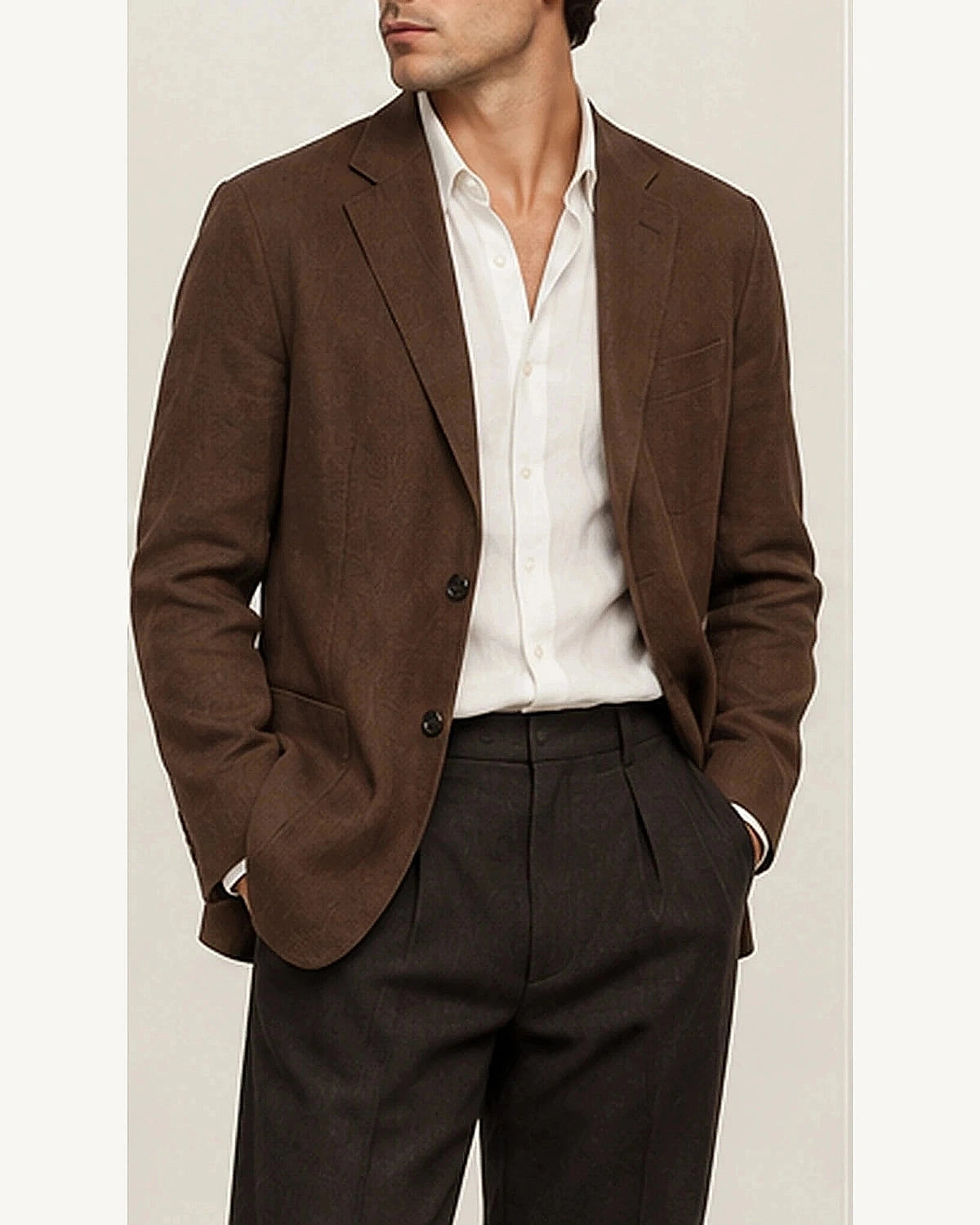 DFCOLOR::Chocolate::onbody — Olive Unstructured Linen-Look Cotton Blazer