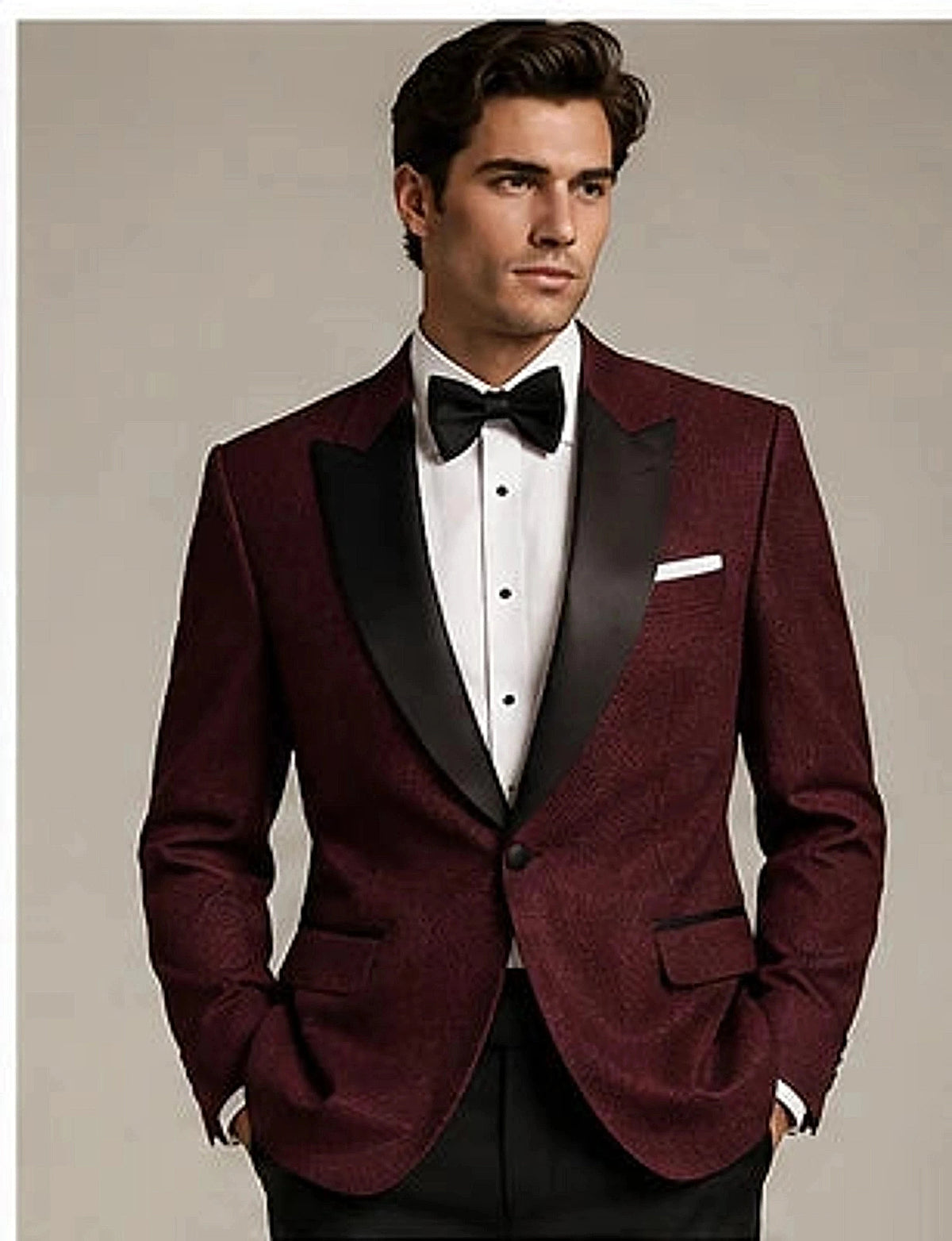 DFCOLOR::Burgundy::onbody — Ivory Textured Peak-Lapel Dinner Jacket