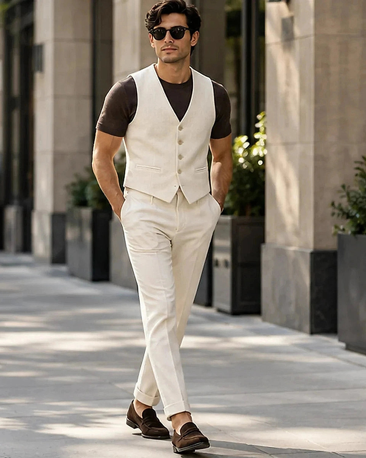 DFCOLOR::Ivory::Ivory Textured Tailored Waistcoat on-body styling