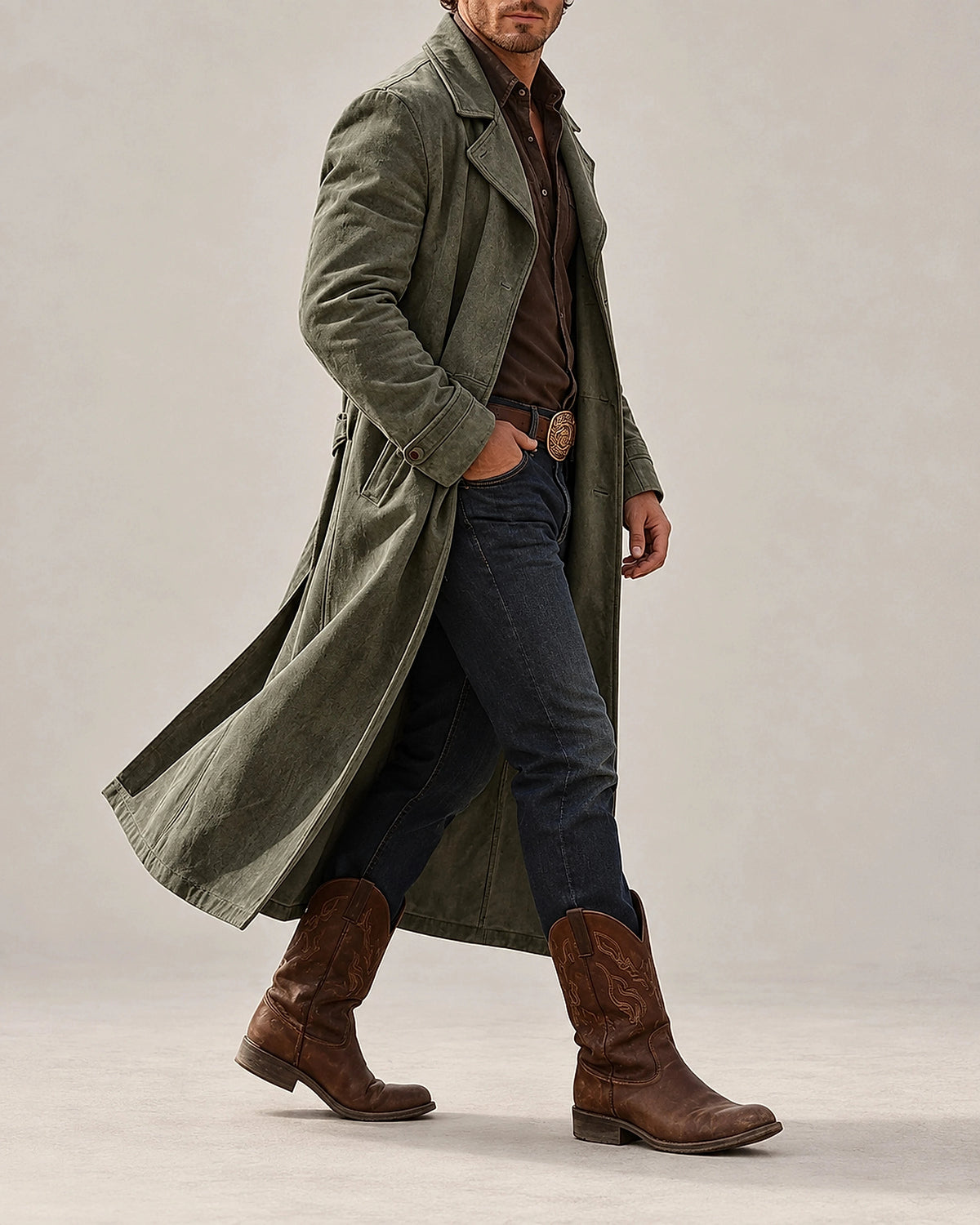 DFCOLOR::Olive::Faux suede long Western duster coat — full on-body studio view
