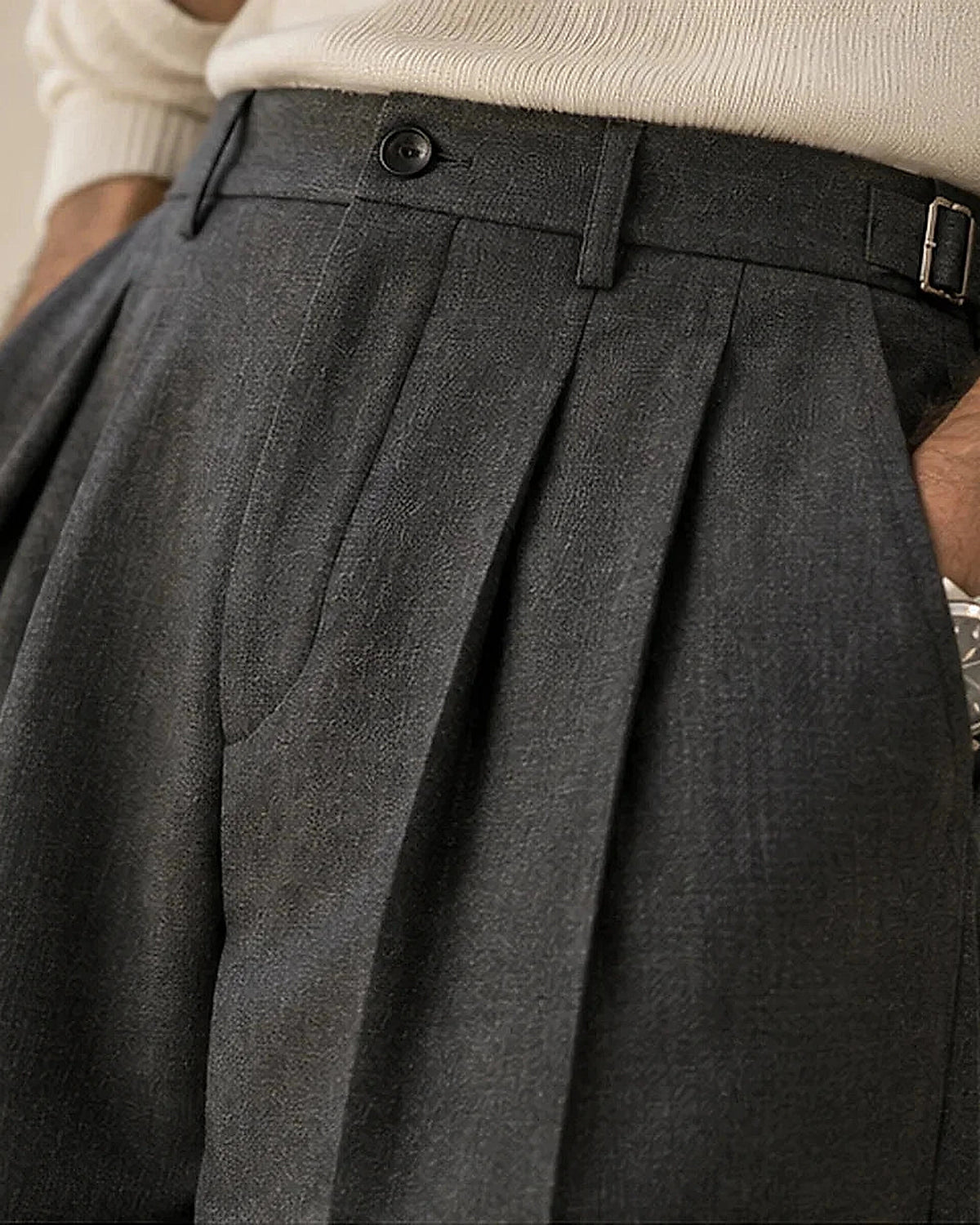 DFCOLOR::Charcoal::Charcoal High-Rise Wide-Pleat Trousers fabric and tailoring detail
