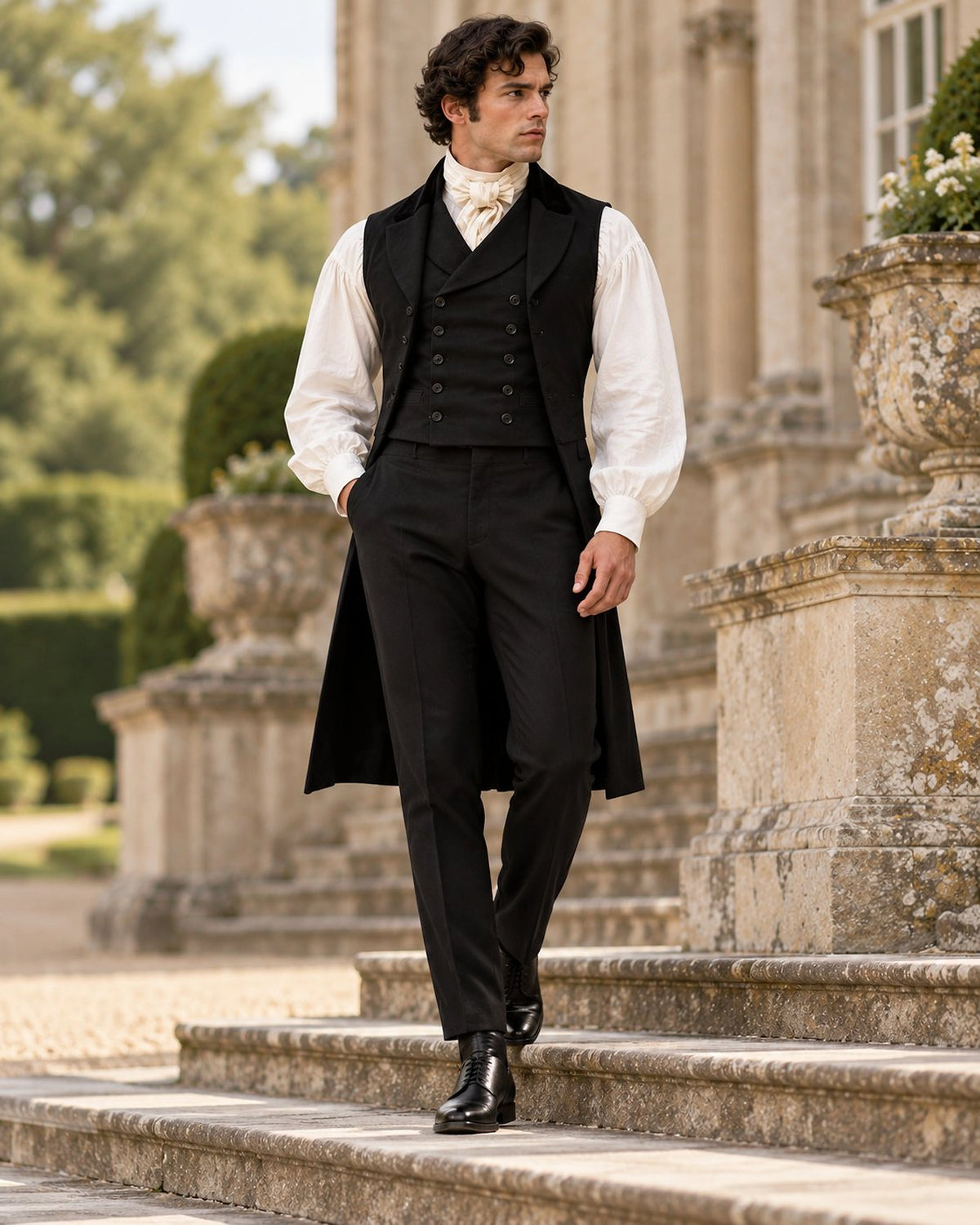 DFCOLOR::Black::Men's Regency tailcoat formal set — full-length heritage lifestyle styling