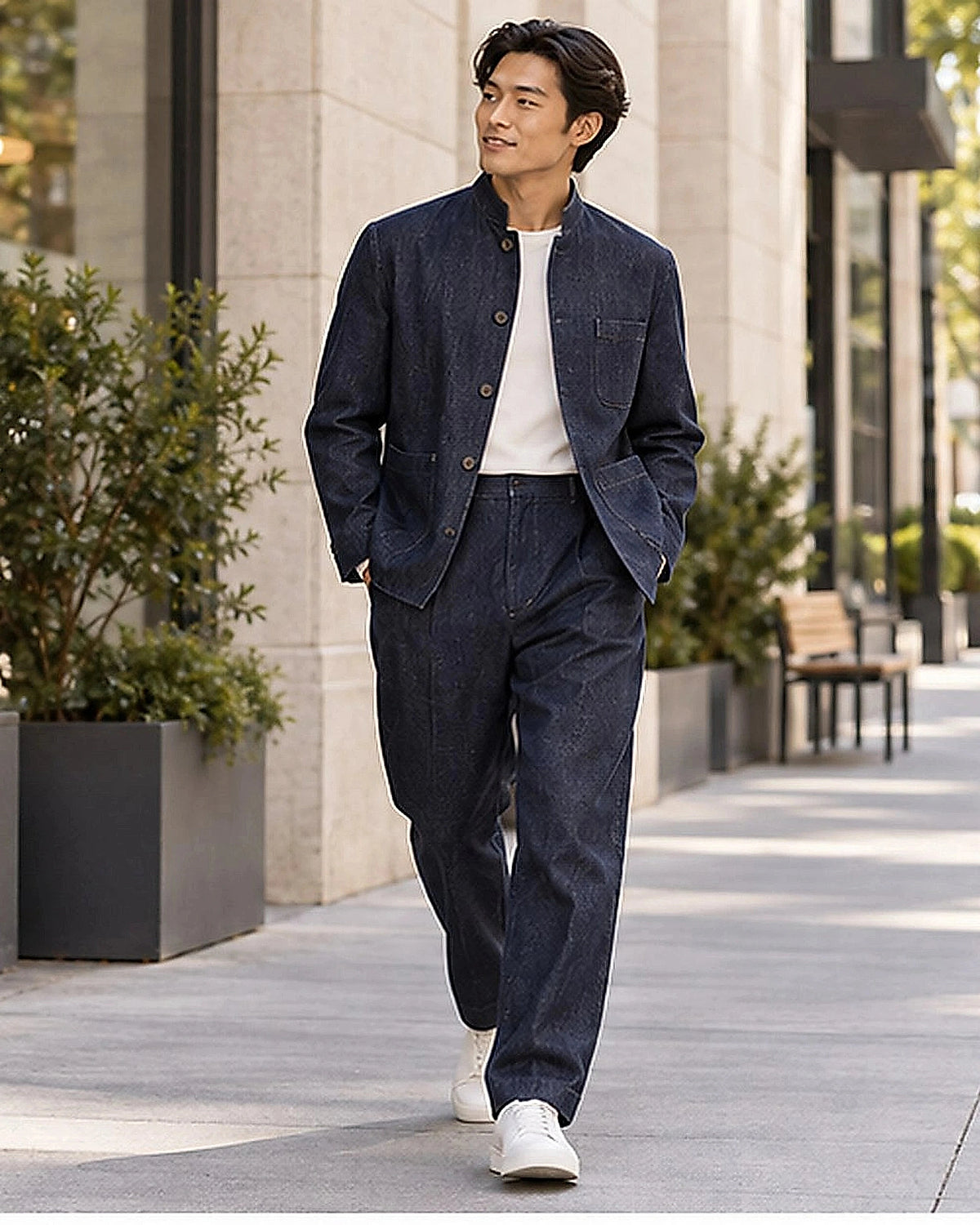 DFCOLOR::Indigo::Indigo denim-look Mandarin collar suit worn in bright contemporary city styling