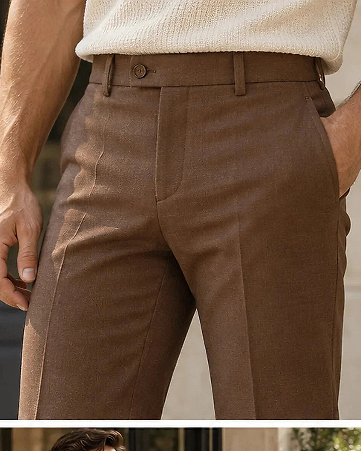 DFCOLOR::Walnut::Walnut High-Rise Flare Trousers fabric and tailoring detail