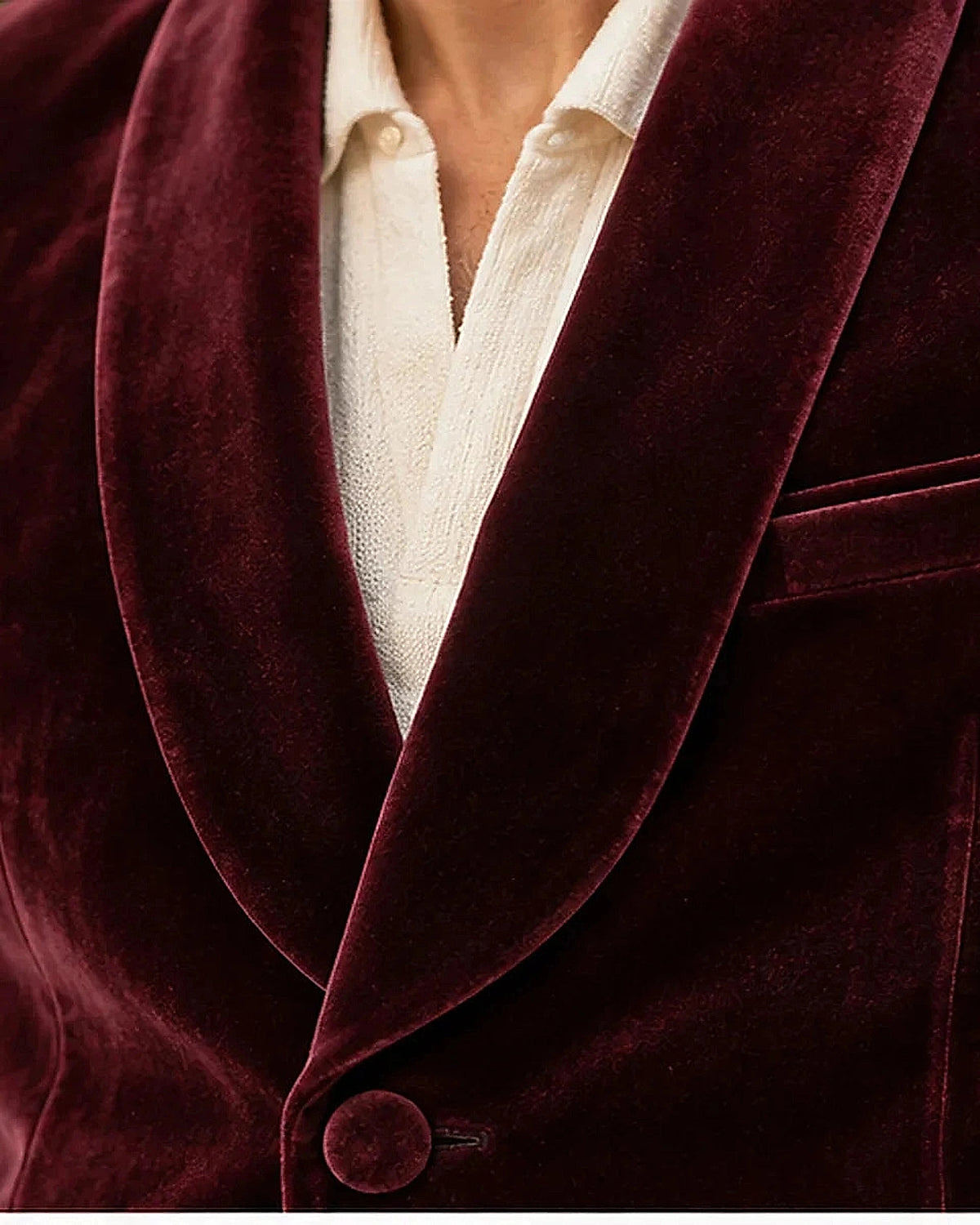 DFCOLOR::Burgundy::Burgundy Velvet Shawl-Collar Jacket fabric and tailoring detail