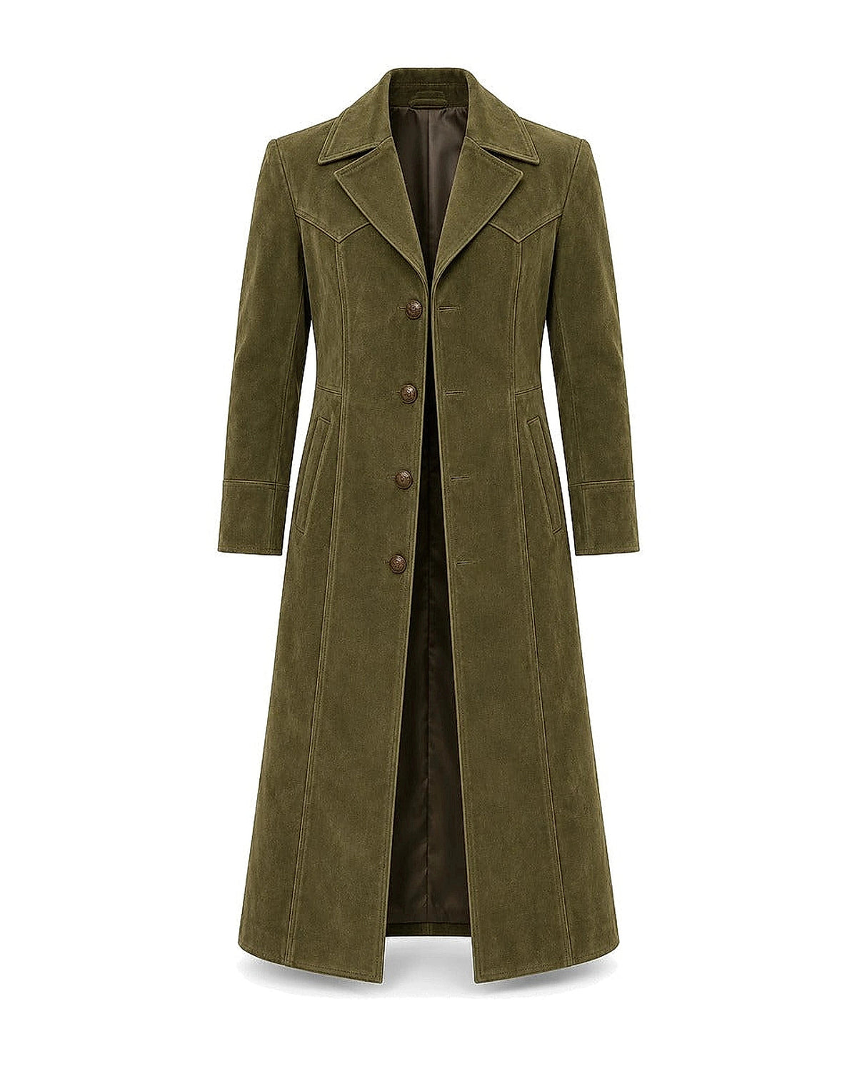 DFCOLOR::Olive::Faux suede long Western duster coat — white-background front product view