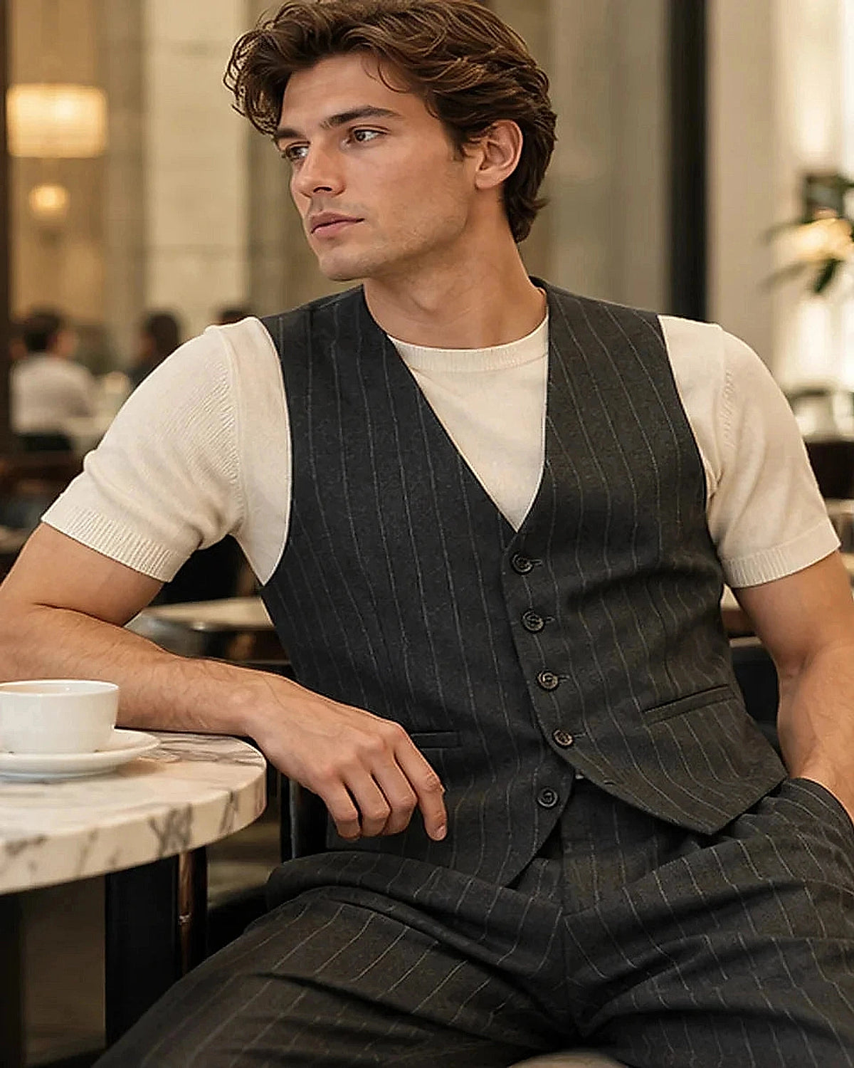 DFCOLOR::Charcoal::Charcoal Longline Pinstripe Waistcoat contemporary lifestyle styling