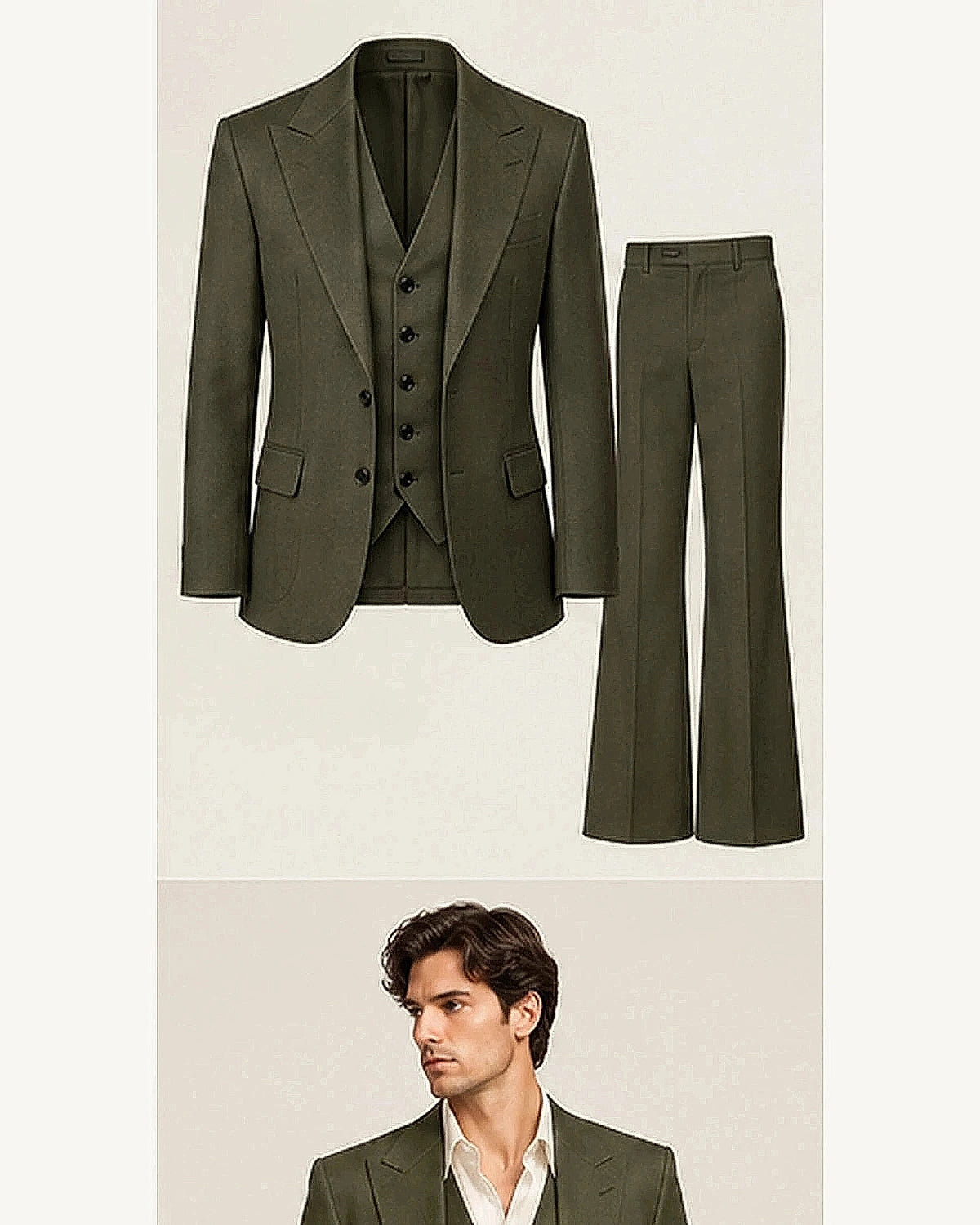 DFCOLOR::Olive::product — Retro 70s Three-Piece Flare Suit