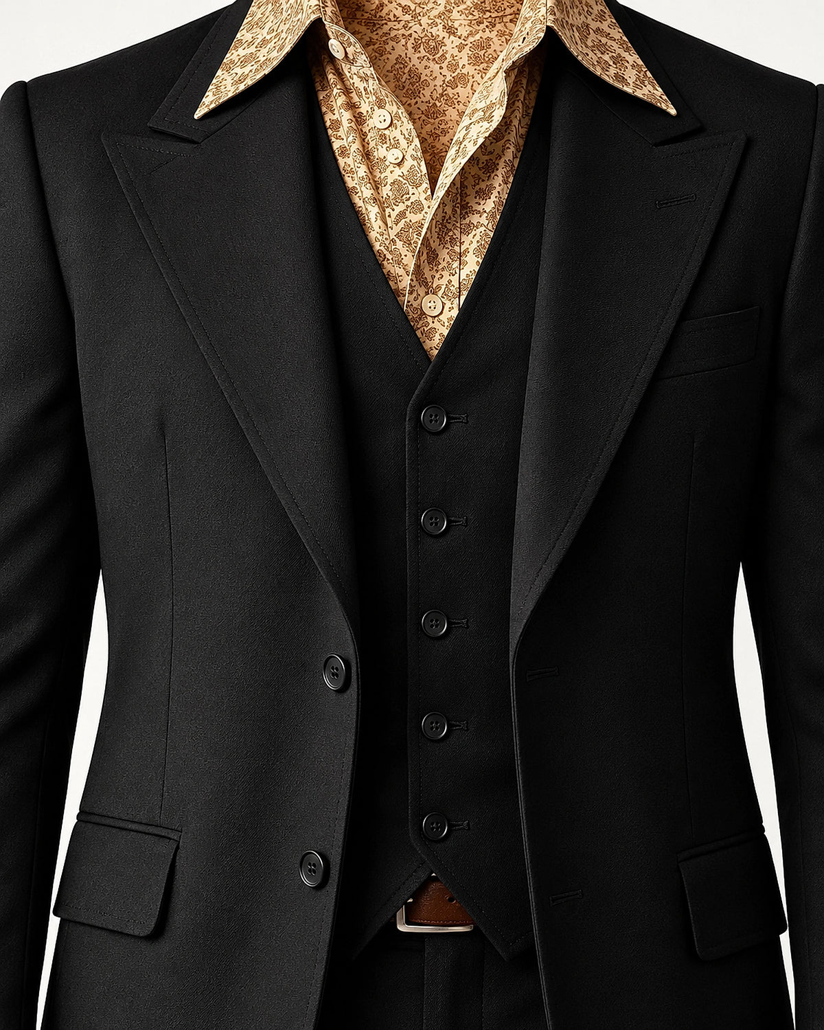 DFCOLOR::Black::Retro 70s three-piece flare suit — jacket and waistcoat front detail